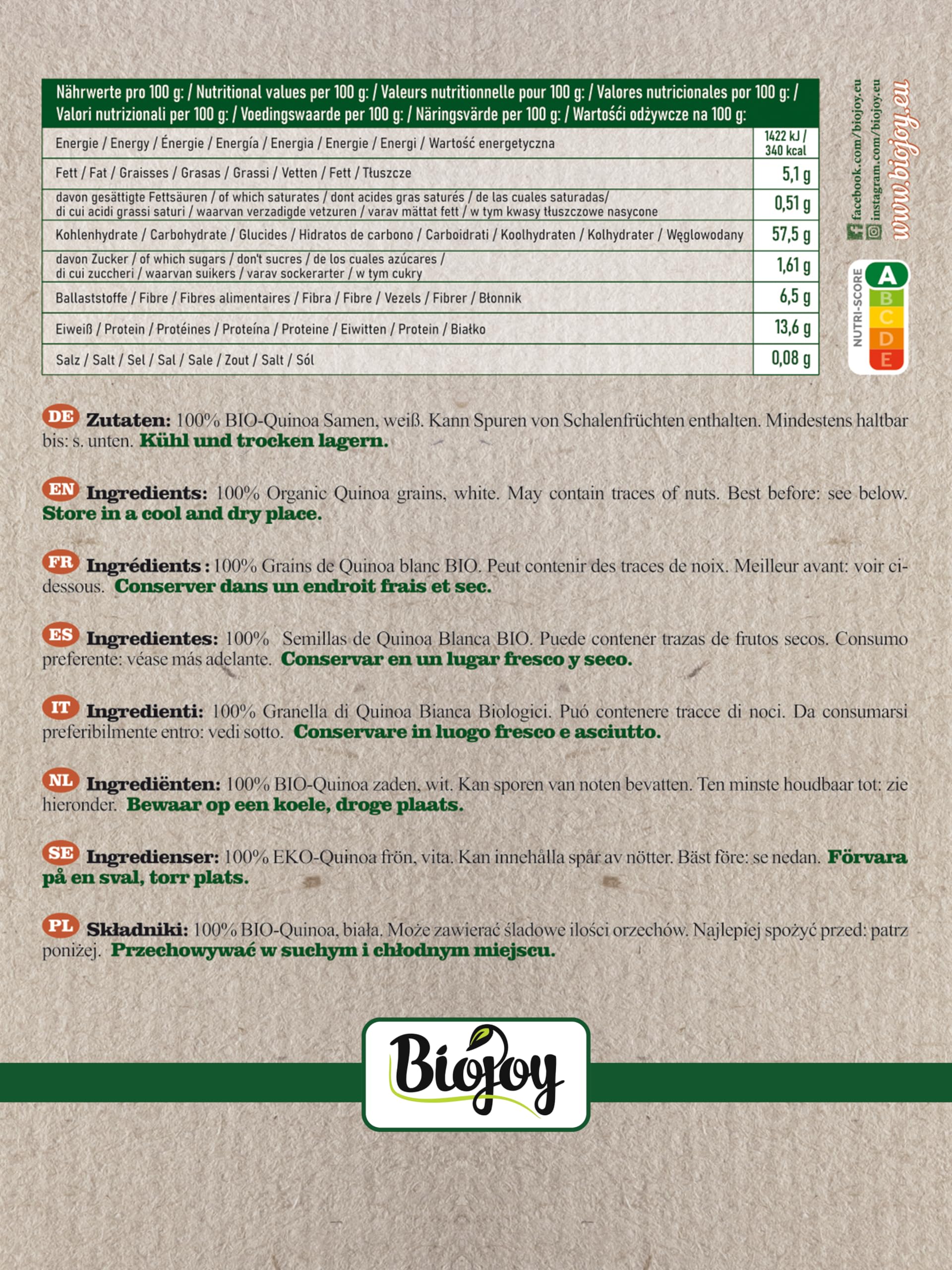 Biojoy Semillas de Quinoa Blanca BÍO (1 kg), crudas y enteras