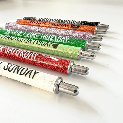 Miniatura 5 de Jxueych 7 bolígrafos de Halloween para el día de la semana, bolígrafos con purpurina con refranes divertidos, bolígrafos pasivos vibrantes y