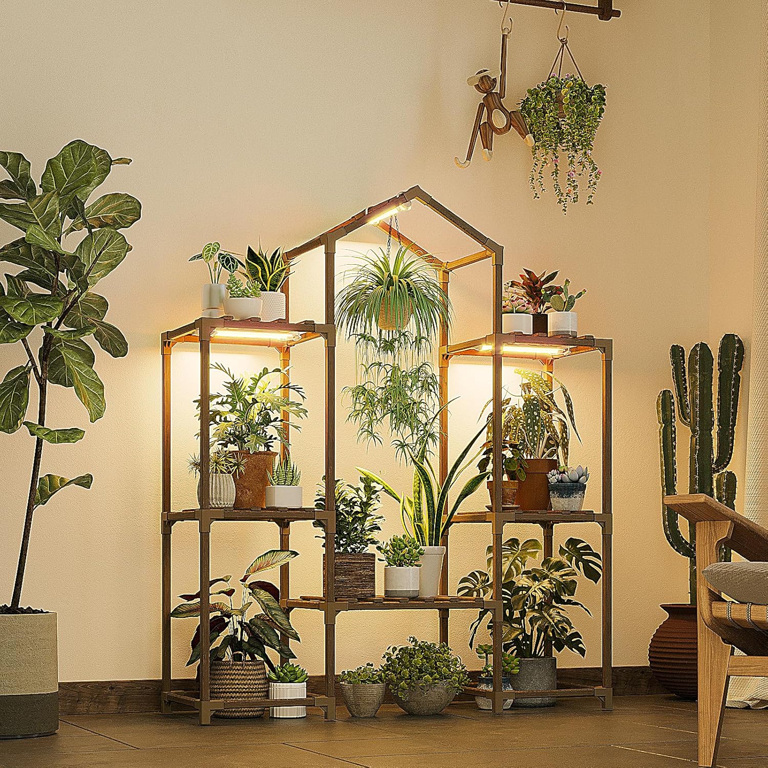 Bamworld Plant Stand Indoor with Grow Lights Wood Plant Shelf for Hanging Planter Pots Display Flower Stand for Living Room Patio Garden Decor