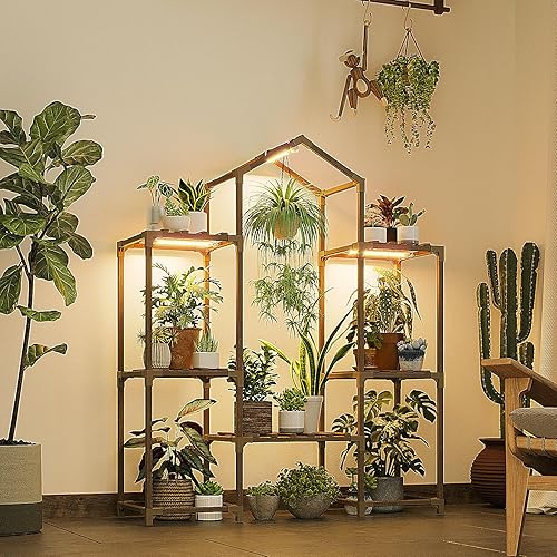 Miniatura 6 de Bamworld - Soporte para plantas de interior con luces de crecimiento, estante de madera para macetas colgantes, soporte de flores para decoración de