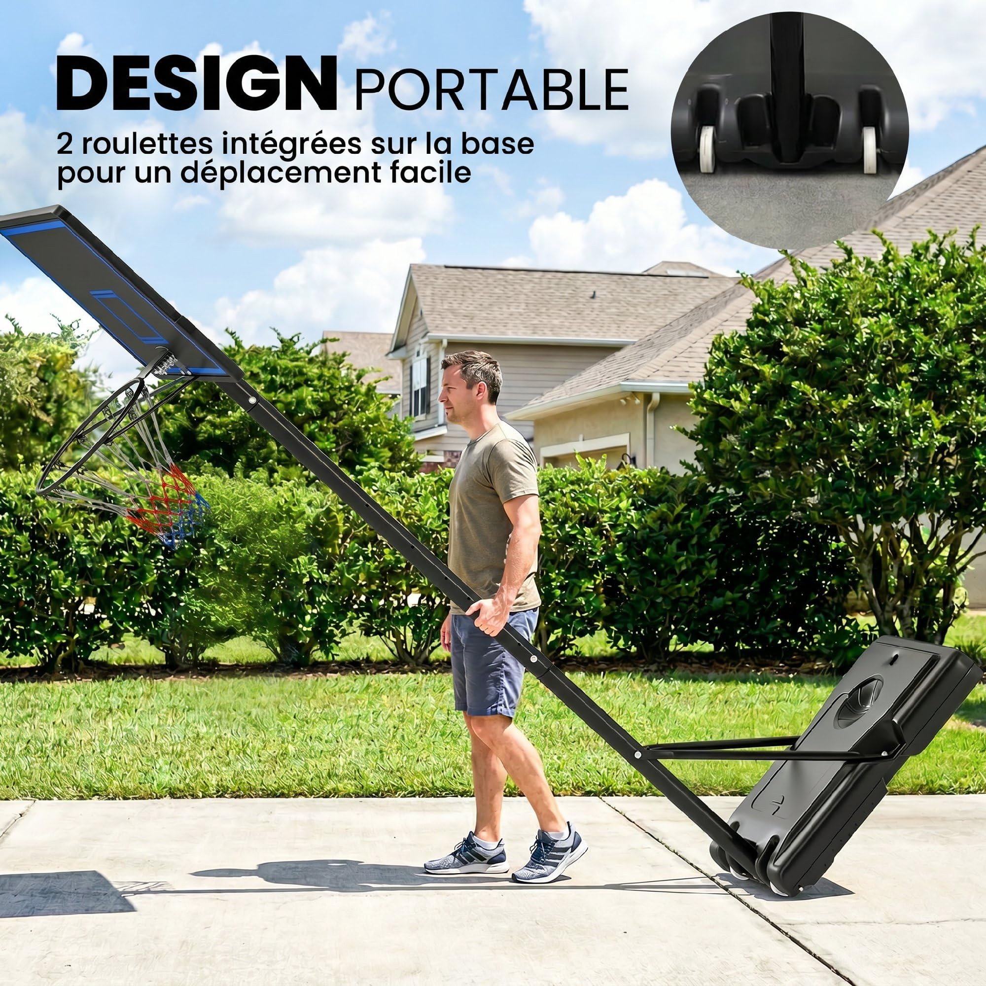 SPORTNOW Panier de Basketball sur Pieds avec Hauteur Réglable de 1,35 à 3,05 m, Panier de Basket Extérieur Portable avec Roues, Panneau Arrière en PE, Base de Lestage et Sac de Sable, Bleu