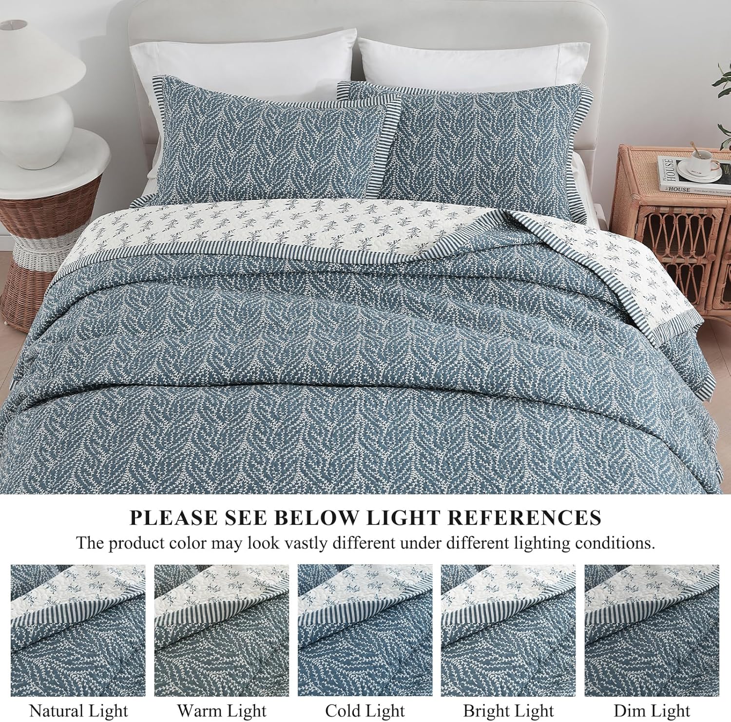 Quilts Queen Size - 100% Cotton Quilt Set with Matching Shams, Botanical Floral Design Farmhouse Bedspread, 3 Pieces Lightweight Coverlet Set with Solid Reverse, Grayish Blue, 90"x98"