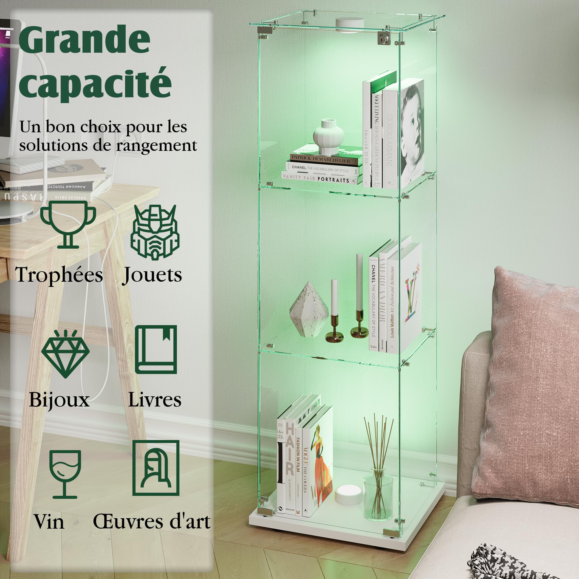 Vetrina in vetro con LED, armadio da collezione moderno con 3 ripiani 1 porta, vetrina da terra per soggiorno, camera da letto, ufficio, 123x40x35cm (bianco + porte singole + luci da pattuglia)