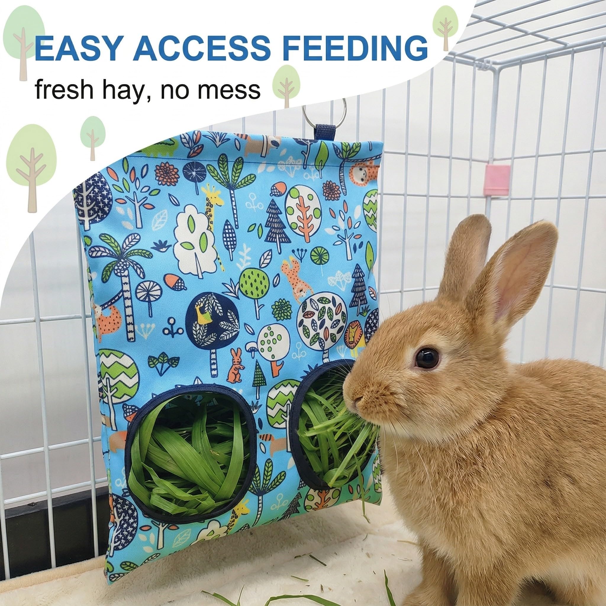 Bolsa de Heno para Conejos y Cobayas con 2 Agujeros, Comedero de Tela Lavable para Mascotas Pequeñas, Dispensador de Heno Colgante para Chinchillas y Hámsteres, Diseño Bosque Azul — view 7