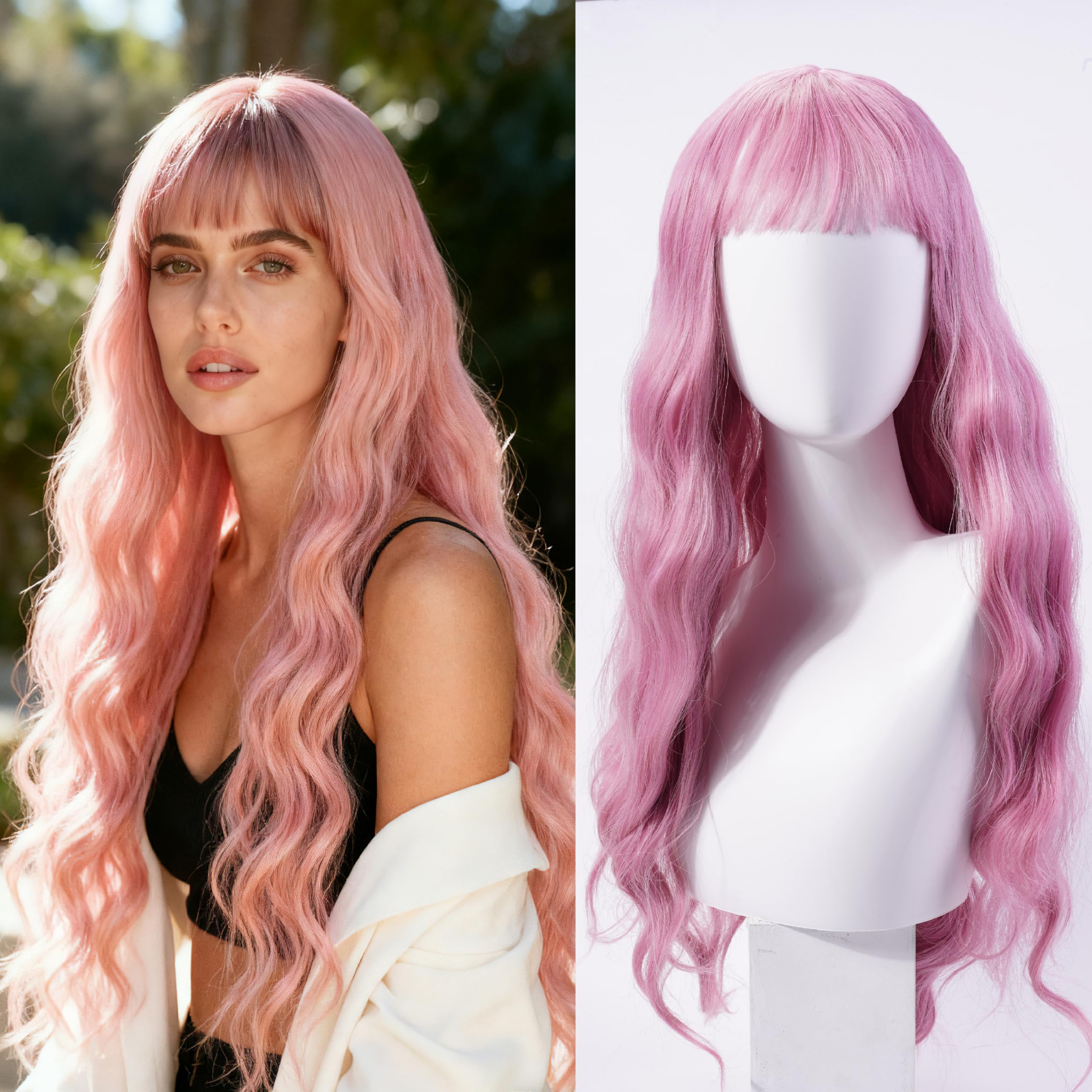 Pink wig, Long Curly Wig with Bangs, Natural Curls, Adjustable Size, for Women, Suitable for Parties, Cosplay and Stage Plays, 31 Inches