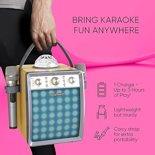 Miniatura 8 de MASINGO Máquina de karaoke para adultos y niños con 2 micrófonos inalámbricos, sistema de altavoces PA portátil para cantar con luces de fiesta