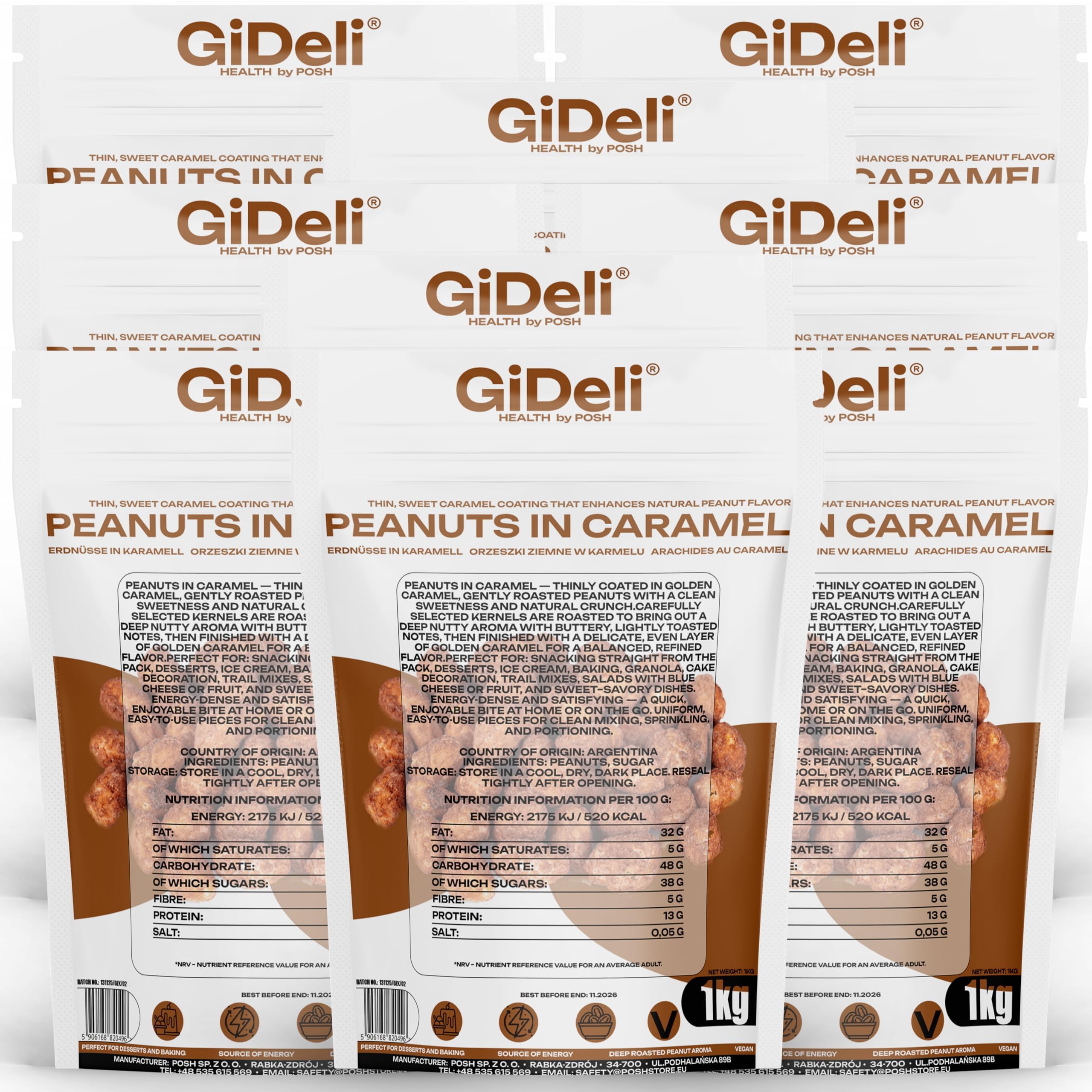 GiDeli Cacahuetes Garrapiñados 9 x 1 kg - Caramelizados en Bolsas Doypack