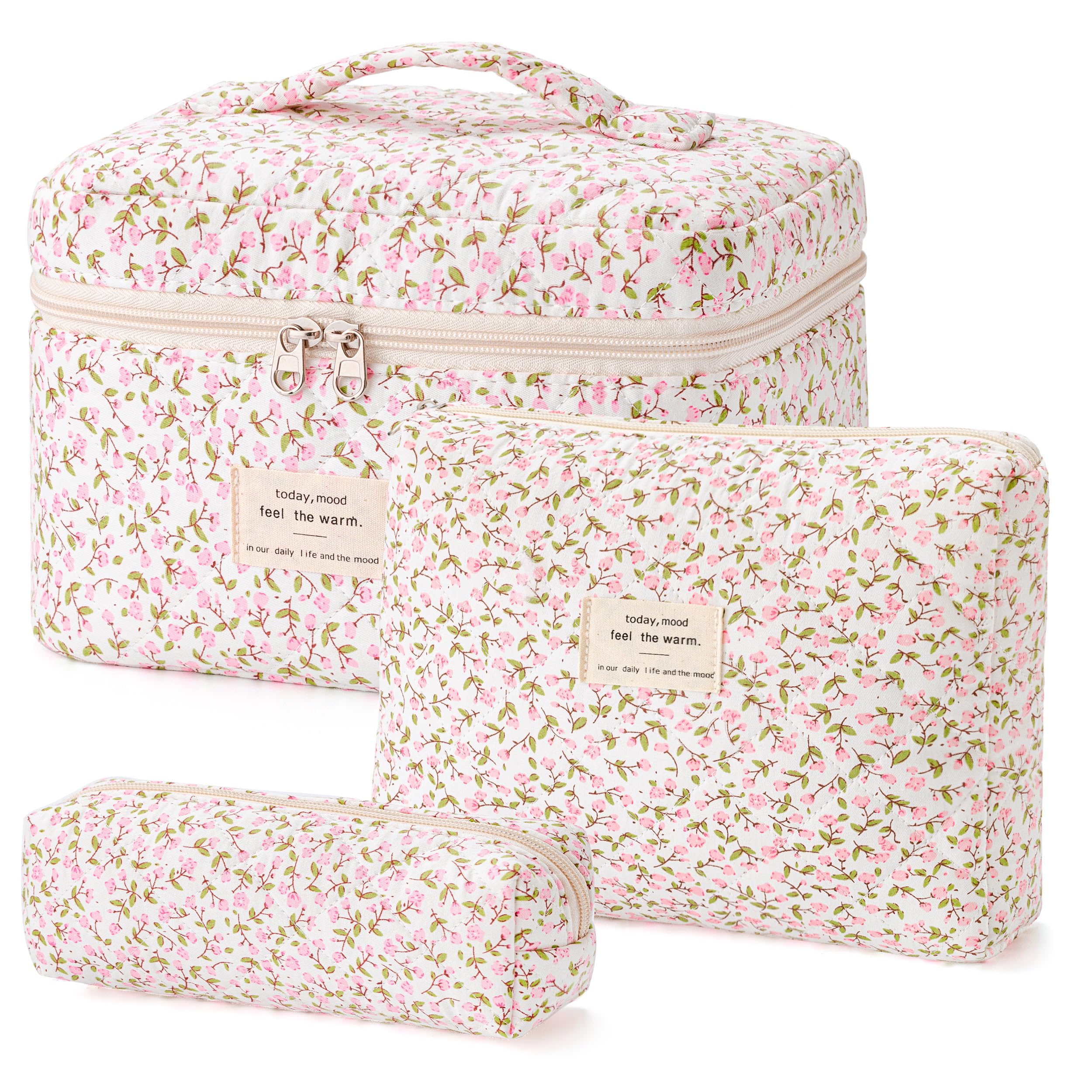 HBselect Gesteppte Make-up-Tasche, Baumwolle, groß, Reise-Make-up-Tasche, niedliches Blumenmuster, Kokette, Kosmetiktasche, Kulturbeutel für Damen und Mädchen, 3 Stück, A-3 Stück, Blumenmuster 17