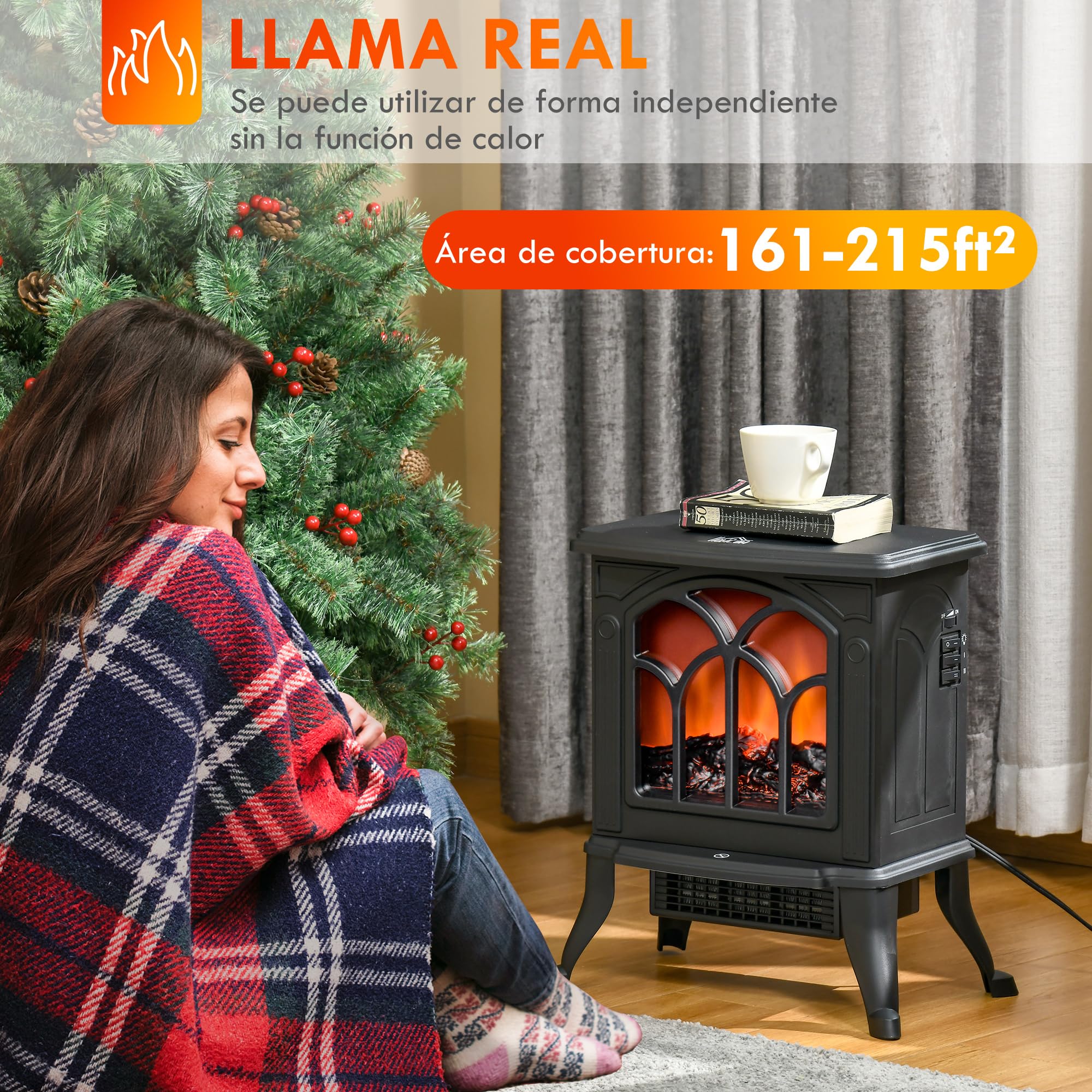 HOMCOM Chimenea Eléctrica de Pie 750/1500 W, Chimenea Decorativa con 2 Niveles de Potencia, Efecto Llama, Protección Sobrecalentamiento, Área de Cobertura 15-20 m², Negro