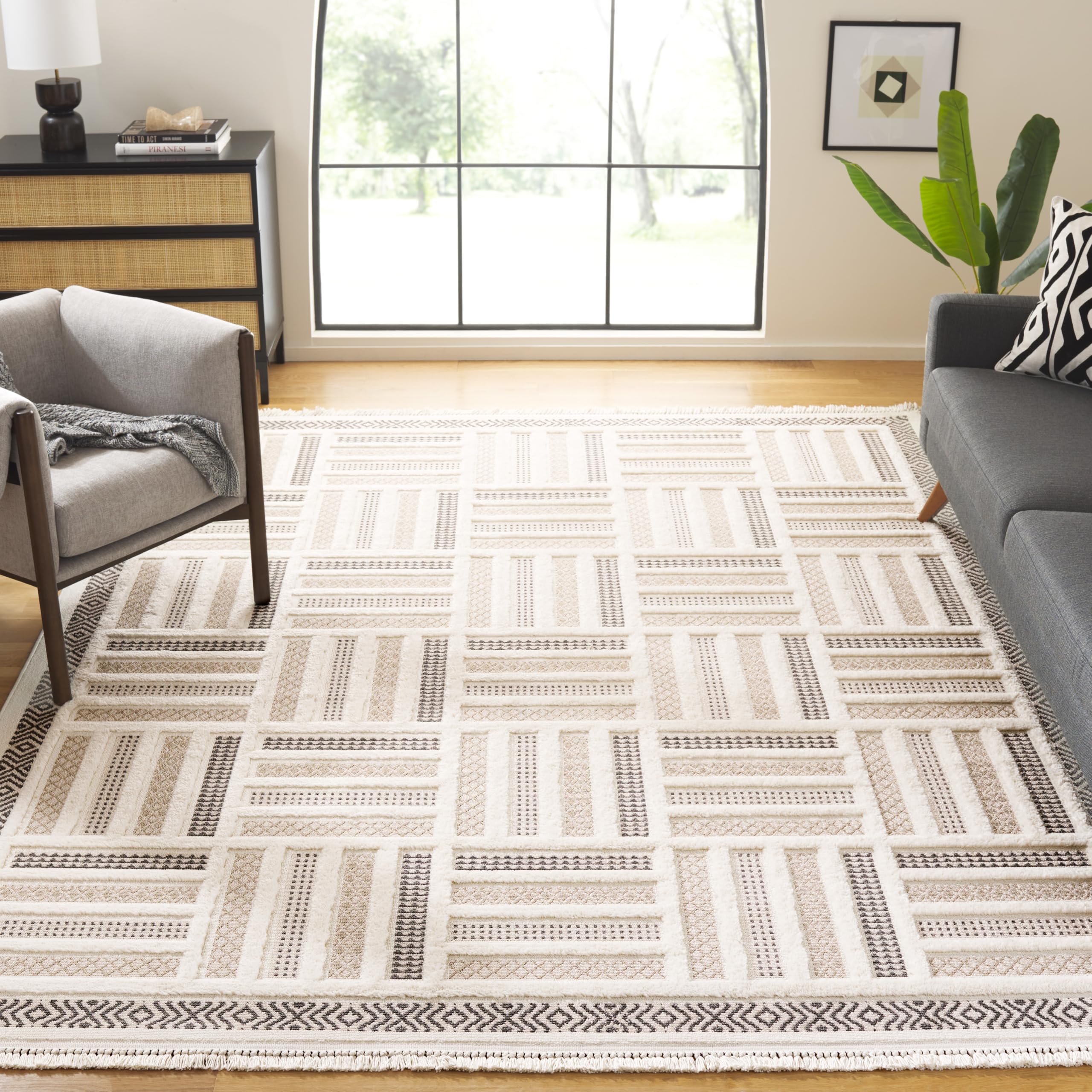 SAFAVIEH Urban Collection Area Rug - 9' x 12', Beige & Ivory, Mid-Century Modern Tassel Fringe Design, Non-Shedding & Easy Care, Ideal for High