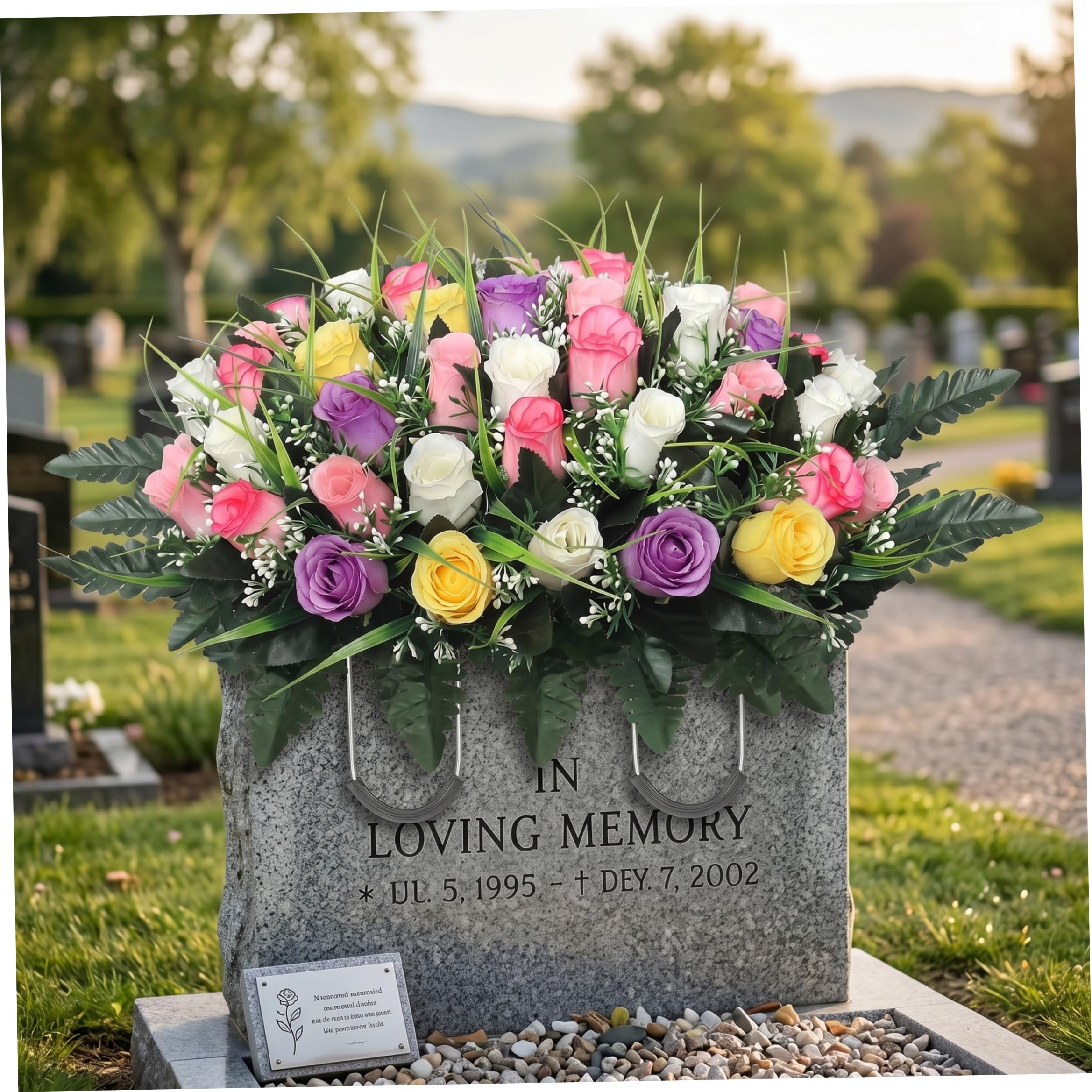 Faticenic 26X14 Inch Headstone Flower Saddle, Artificial Headstone Flower Saddle Cemetery Flowers With Roses & Greenery, Uv-Resistant Tombstone Decorations (26X14 Inch), Cemetery Decorations For Grave, Flowers