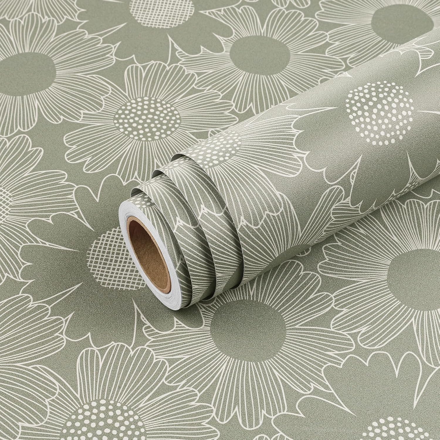 Livelynine Sage Green Wallpaper with Flowers Daisy Vintage Sage Green and White Floral Peel and Stick Wallpaper Renter Friendly Self Adhesive Floral Contact Paper for Cabinets Classroom 17.5x78.8