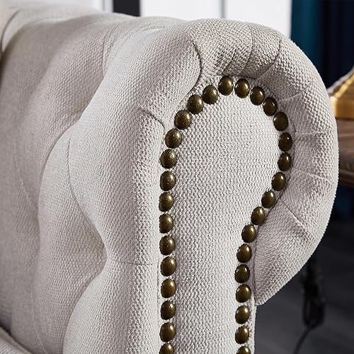 Miniatura 8 de Sofá Chesterfield clásico de 88 pulgadas, moderno sofá capitoné de 3 plazas con botones en forma de L de lujo tapizado de tela de lino para sala de