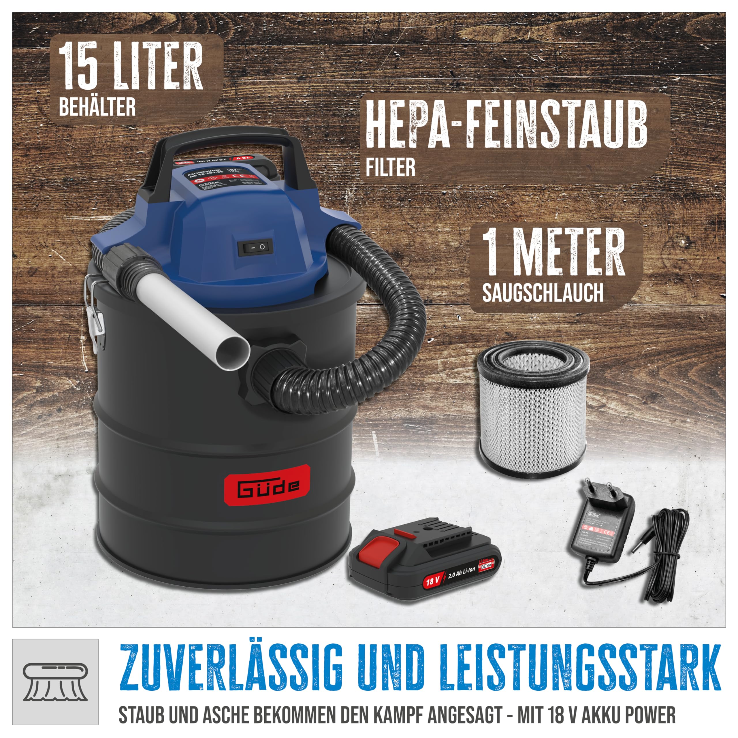 Güde 58580 Akku Aschesauger AS 18-201-05 (18V, max. Unterdruck: 80 mbar, Schlauchlänge: 1 m, Behältervolumen: 15 l, Schlauchdurchmesser: 30 mm, inkl. HEPA-Filter und 2,0 Ah Akkupack mit Ladegerät)