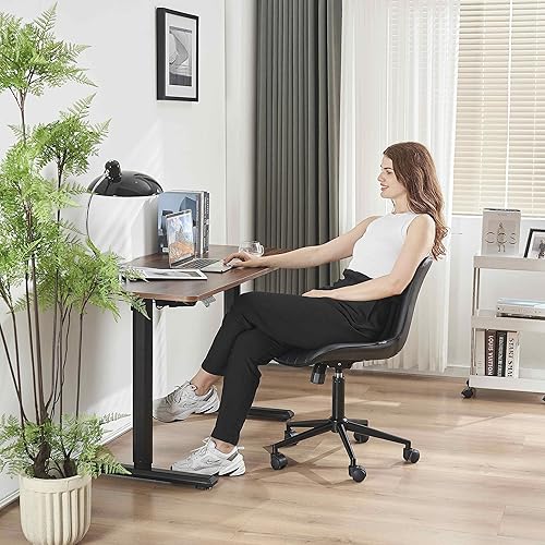 Miniatura 7 de YOUNIKE Silla de escritorio compacta negra para oficina en casa con ruedas, cómoda silla de tocador sin brazos con respaldo mecedora ajustable,