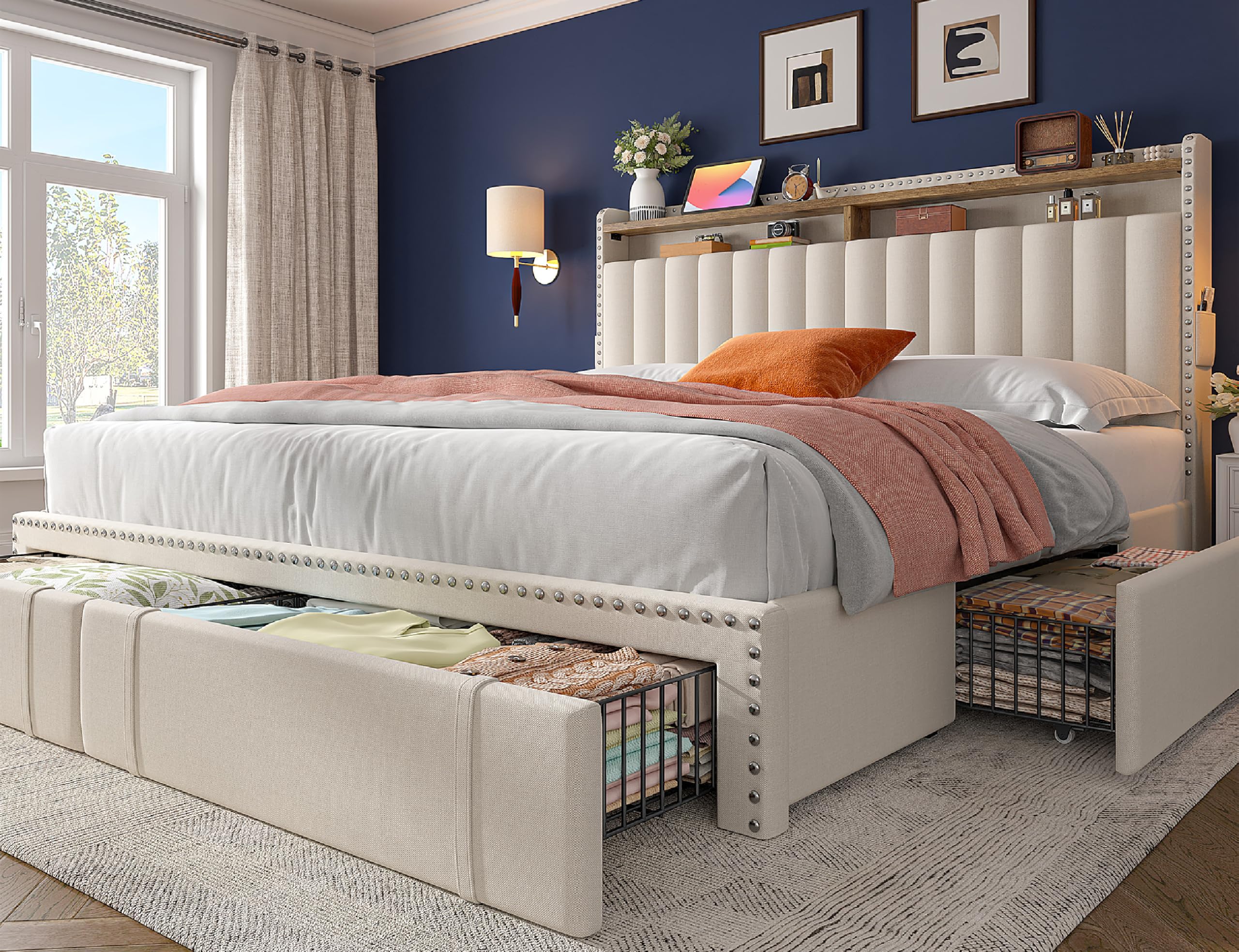 EnHomee King Size Bed Frame Upholstered King Bed Frame with 4 Storage Drawers 2-Tier Headboard Shelves 1200LBS Heavy