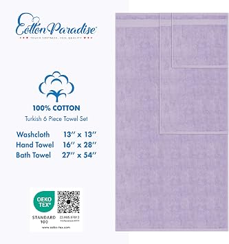 Cotton Paradise 6 Piece Towel Set, 100% Turkish Cotton Soft Absorbent Towels for Bathroom, 2 Bath Towels 2 Hand Towels 2 Washcloths, Lilac Towel Set