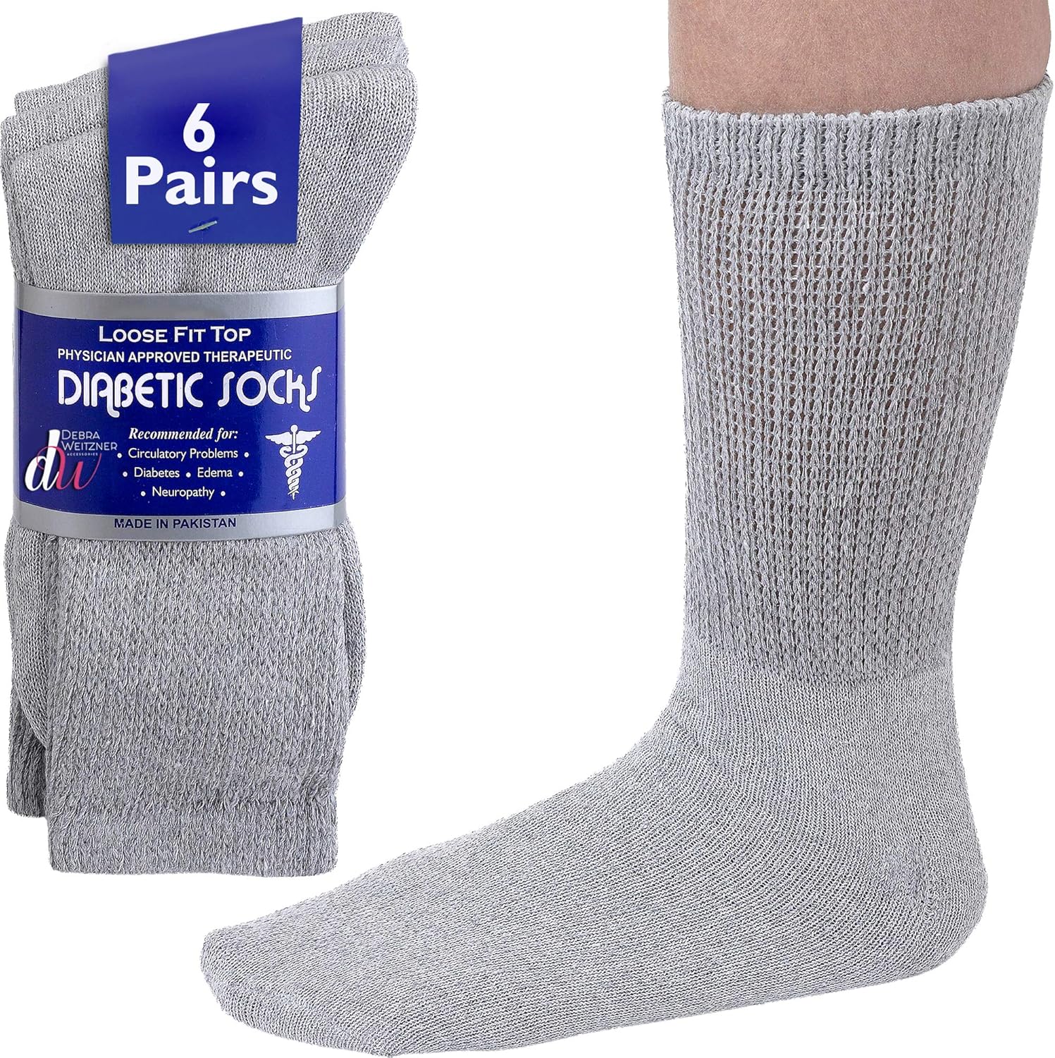 Diabetic Socks Mens Cotton 6-Pack Crew Grey By DEBRA WEITZNER: Health & Personal Care
