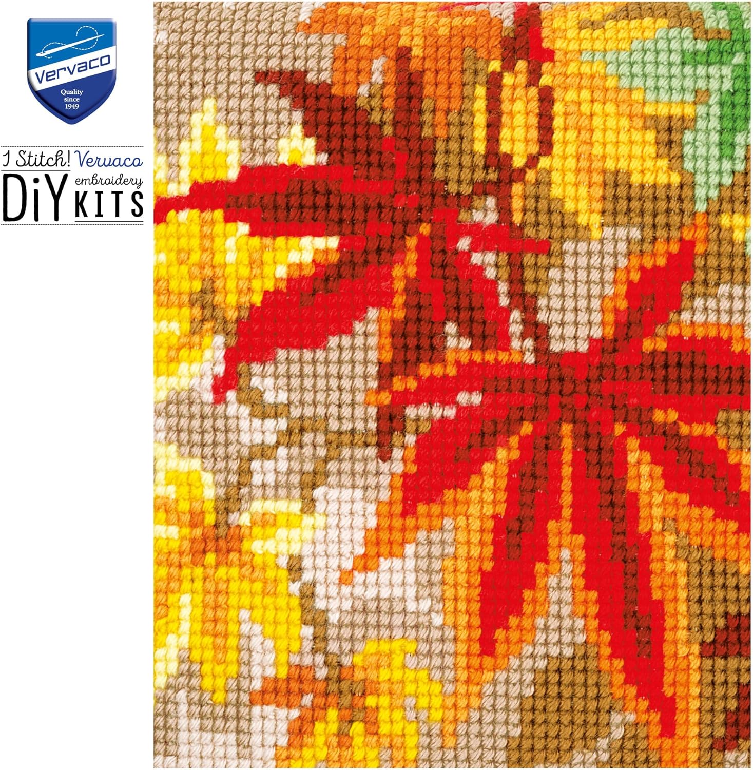 Vervaco Cross Stitch Embroidery Kits Pillow Front for Self-Embroidery with Pattern on 100% Cotton and Thread, 15,75 x Inches - 40 cm, Autumn Leaves Red