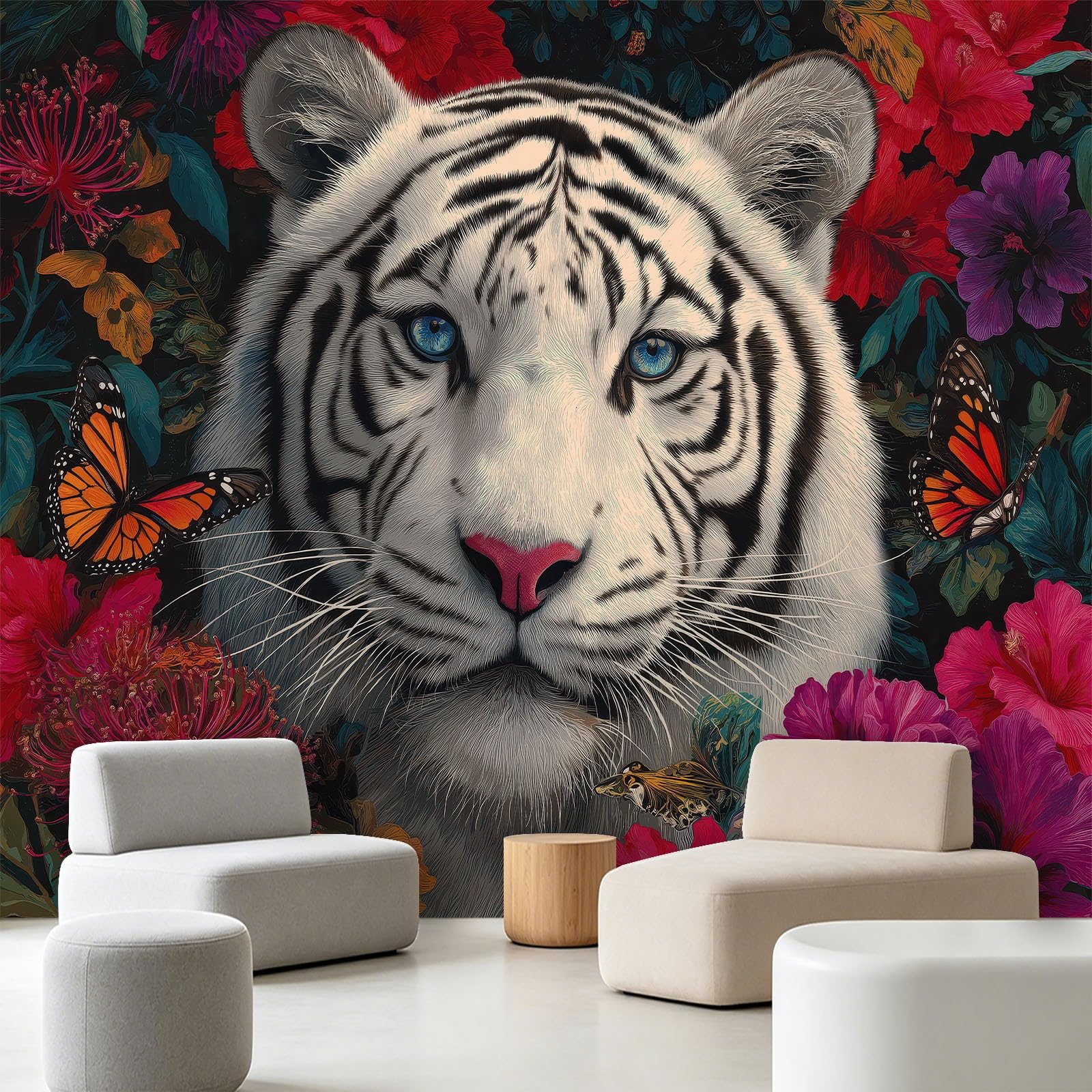 Générique Tapeta z włókniny tropikalnej dżungli, 200 x 140 cm, tygrys kwiaty zwierzę panoramiczne zdjęcie, łatwa do zainstalowania dekoracja ścienna do salonu, sypialni, kuchni