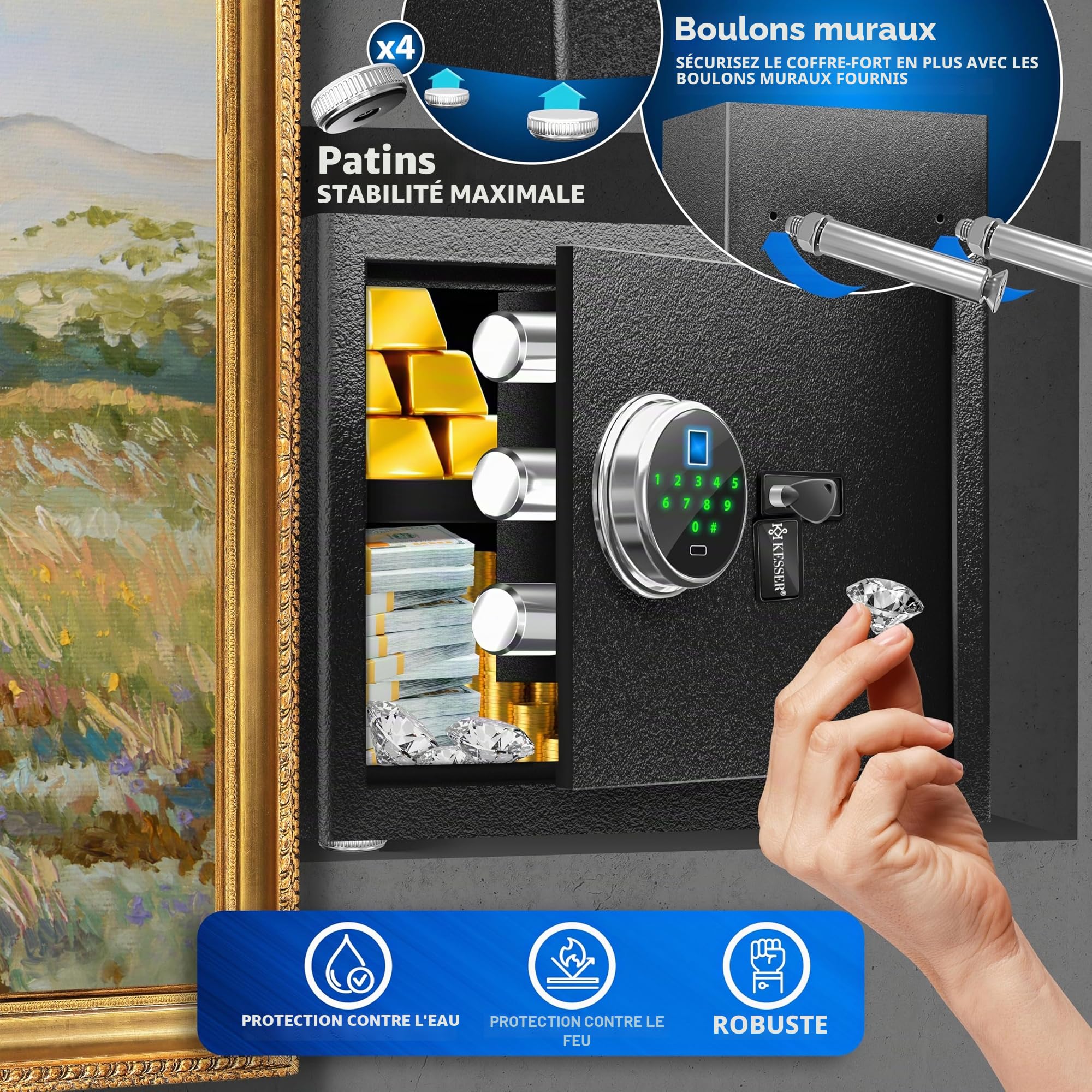 KESSER Coffre-fort électrique avec empreinte digitale et clé L | Avec batterie d'urgence | Coffre-fort électronique | 3 x Verrouillage à double boulon | Coffre-fort mural au sol | Coffre-fort pour