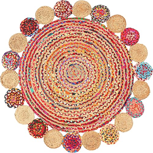 Chindi Rug - Alfombra circular bohemia, alfombras redondas de 4 pies, alfombras trenzadas de yute Chindi, alfombra de área trenzada multicolor para
