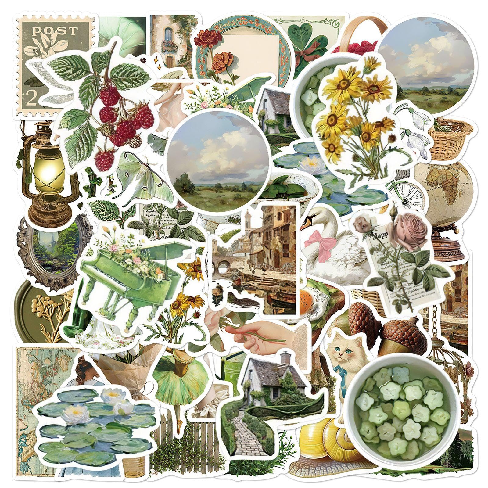 Rnskfg Green 100 Retro Stickers, Pastoral Style Hand Account Stickers, Waterproof Stickers, Which Can Decorate Water Bottles, Notebooks, And Mobile Phone Cases.