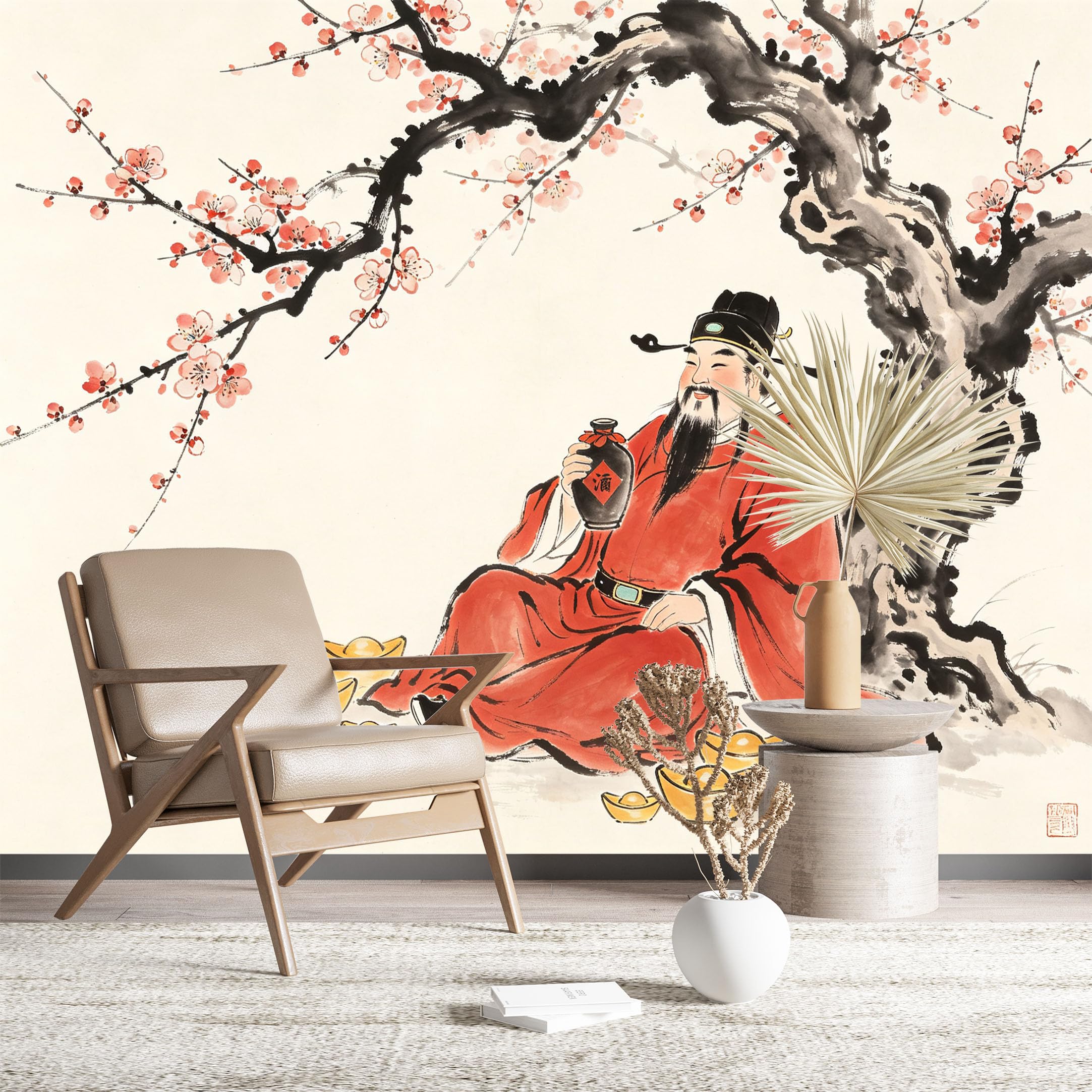 Custom Size Wall Murals God of Wealth with Plum Blossoms Wall Murals Festival Wallpaper Large Photo Wallpaper Self-Adhesive Removable Wallpaper