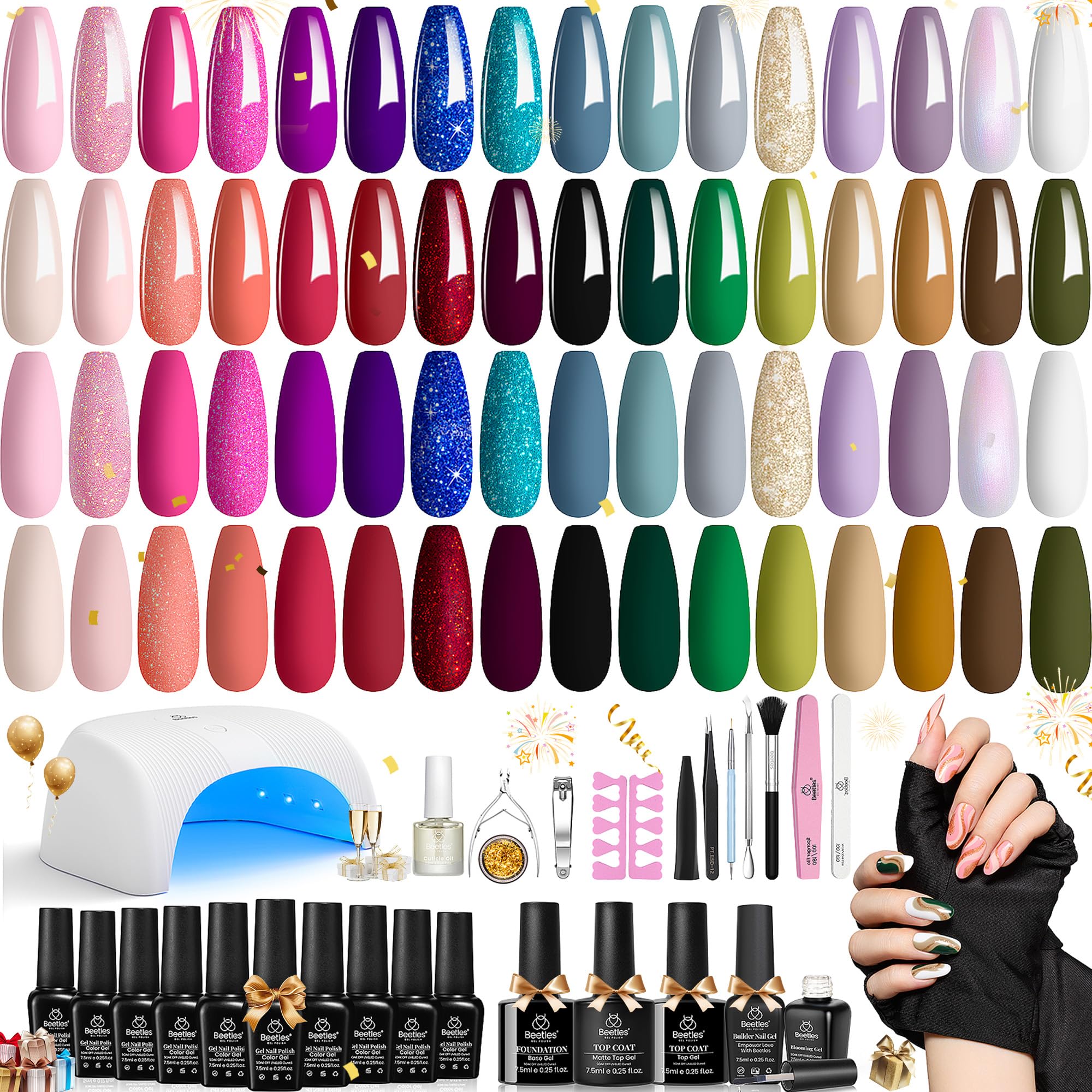Beetles Gel Nail Polish Set With UV Light - 53Pcs Starter Kit, 32 Spring Colors, Pink Burgundy Red Glitter, Builder Blooming Gel, Manicure Kit Gifts for Women