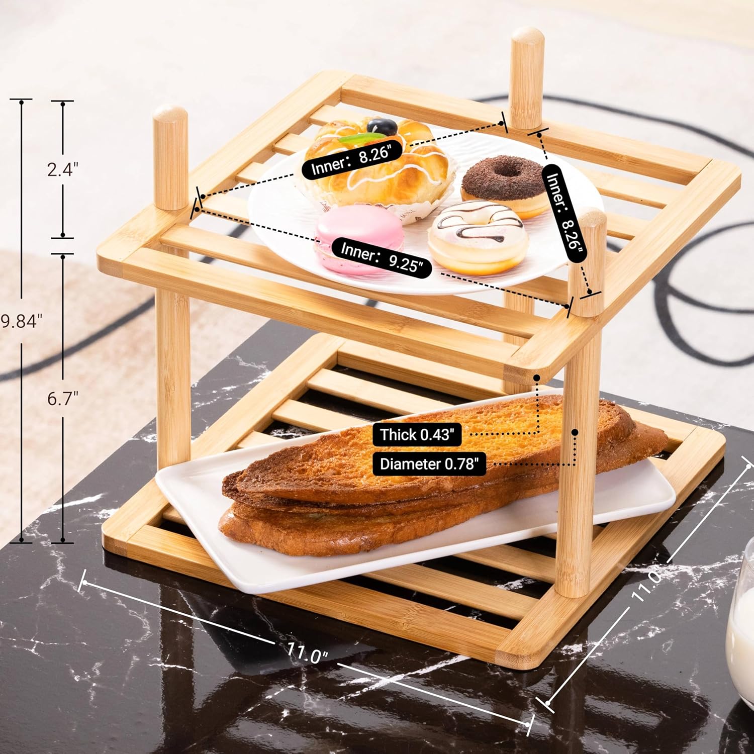 2Pcs 2-Tier Cabinet Organizer Shelf - Bamboo Corner Rack for Kitchen Counter, Cabinet Space Saver for Plates, Dishes, Bowls, Bread - Pantry and Bathroom Storage or Countertop (2, 6.7"H-Large)