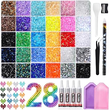 36000Pcs Resin Jelly Rhinestones for Bedazzling, 28 Colors 3mm Flatback Rhinestones with 4Pcs 10ml B7000 Jewelry Glue & Tools, Bedazzling Kit for Nail Art Crafting Book Makeup