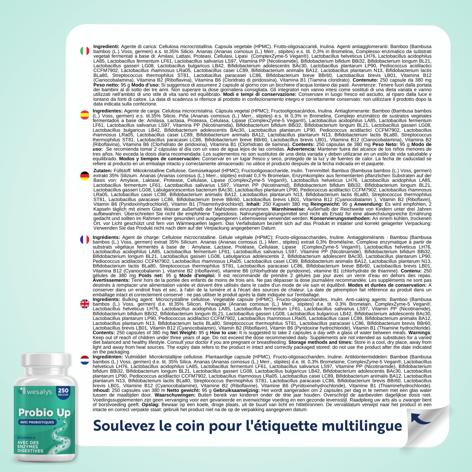 Probiotique flore intestinale - 250 gélules - 20 souches bactériennes, Probiotiques et prebiotique, lactobacillus gasseri, Bifidobactéries, Enzymes digestives, Inuline, FOS, 20 milliards UFC