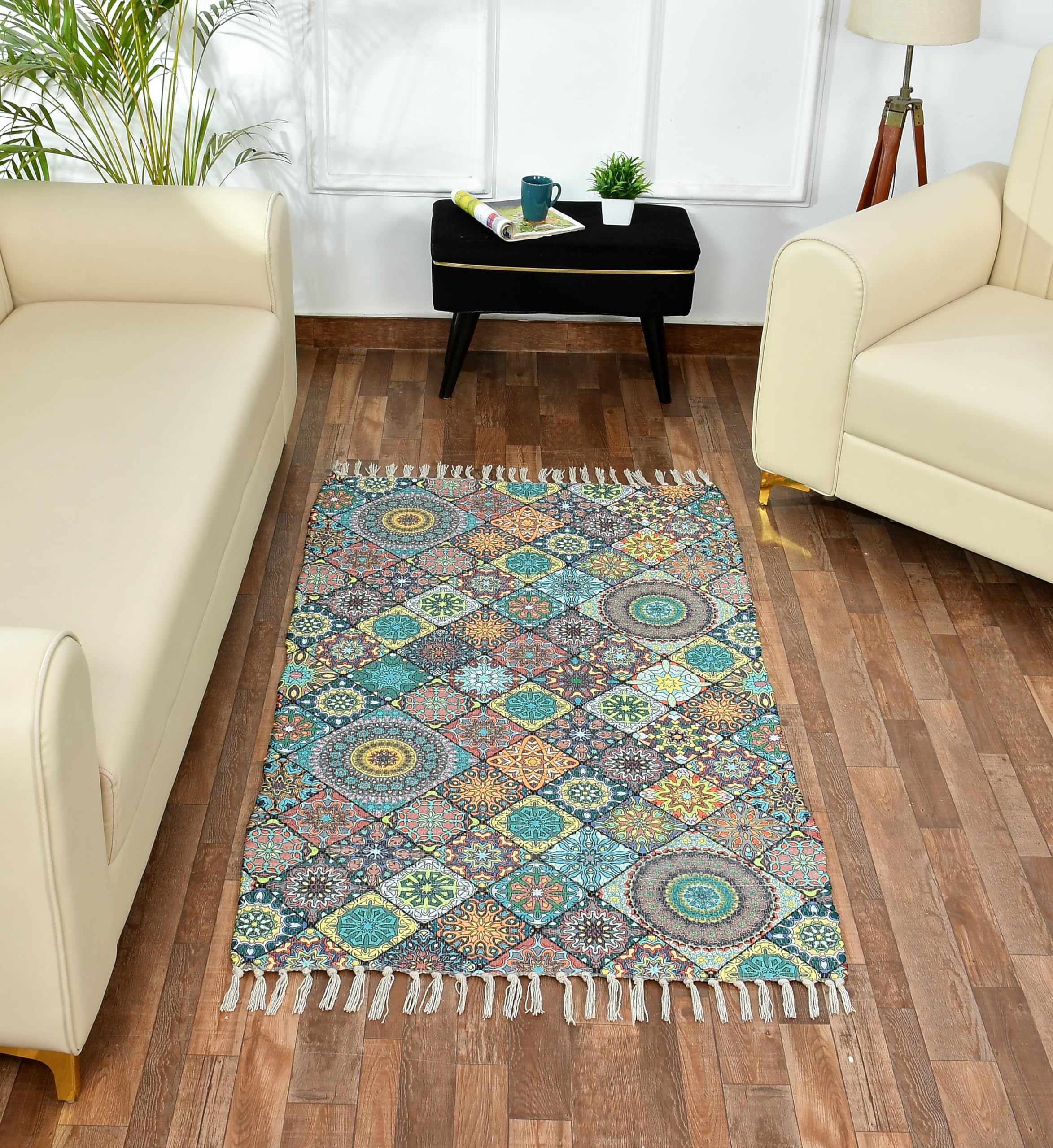 AMAZE ATTIRES Handmade Printed Chindi Floor Rectangular Dhurrie/Rugs/Carpet for Living Room/Bedroom/Drawing Room/Hall Home Decor (2 Feet X 3 Feet, Green)-image-20