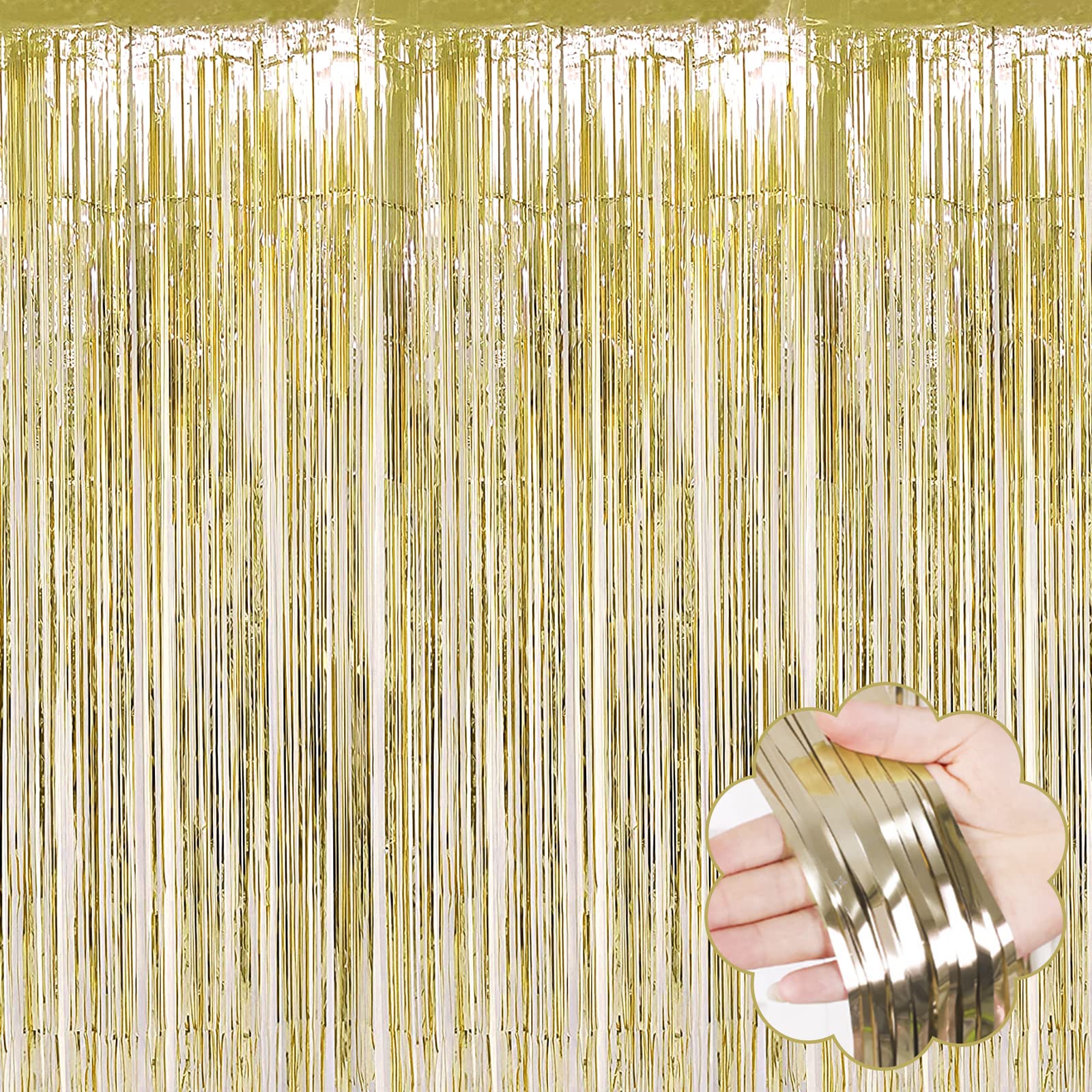 8 Pack Light Gold Tinsel Foil Fringe Curtain Backdrop, 3.28Ft x 8.2Ft Metallic Streamers for Photo Booth, Birthday, Wedding, Thanksgiving Day,