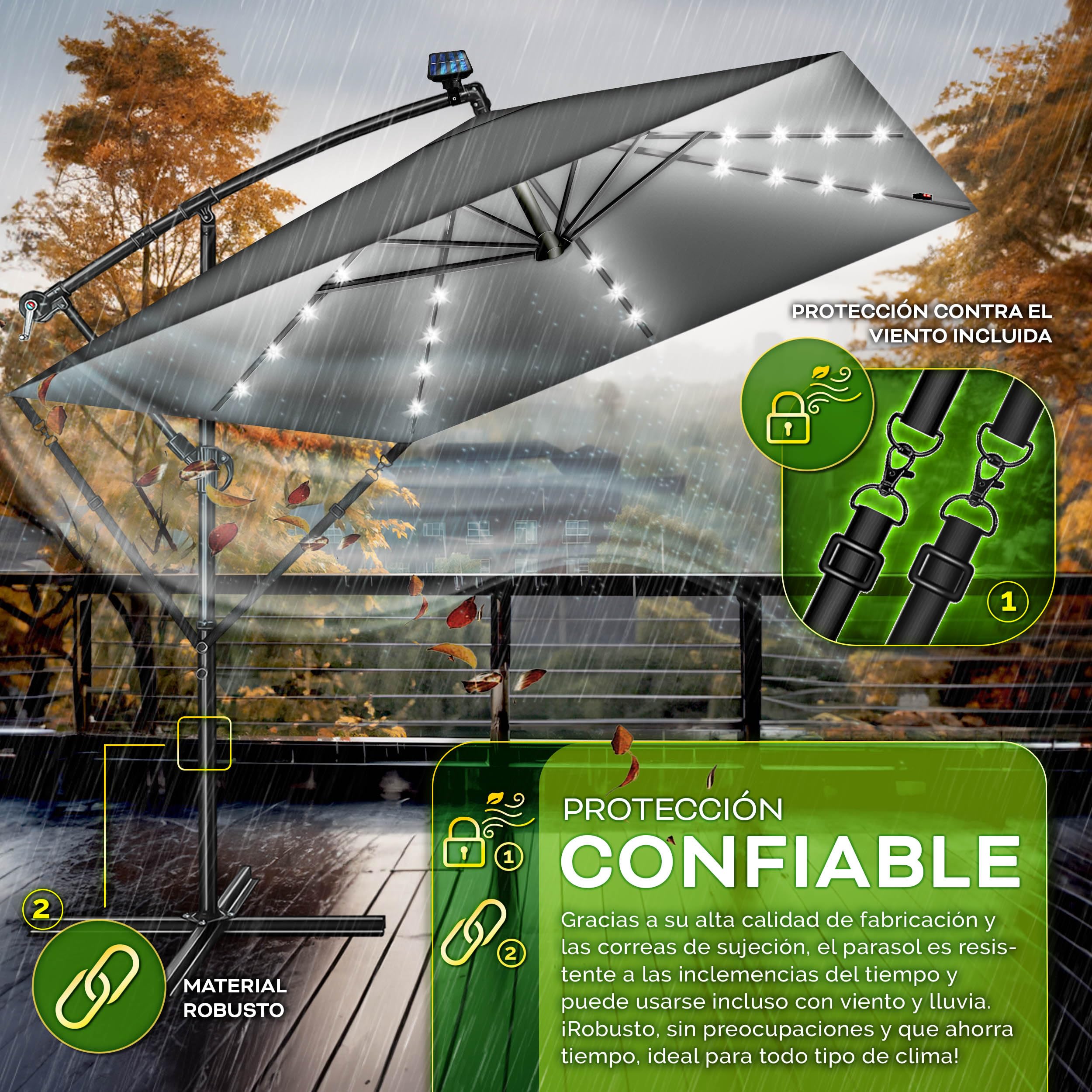 tillvex® Sombrilla de Jardín Rectangular Ø 330 cm con Manivela + Funda con Manivela | Sombrilla Terraza con Protección Viento | Parasol mercado impermeable + Protección UV