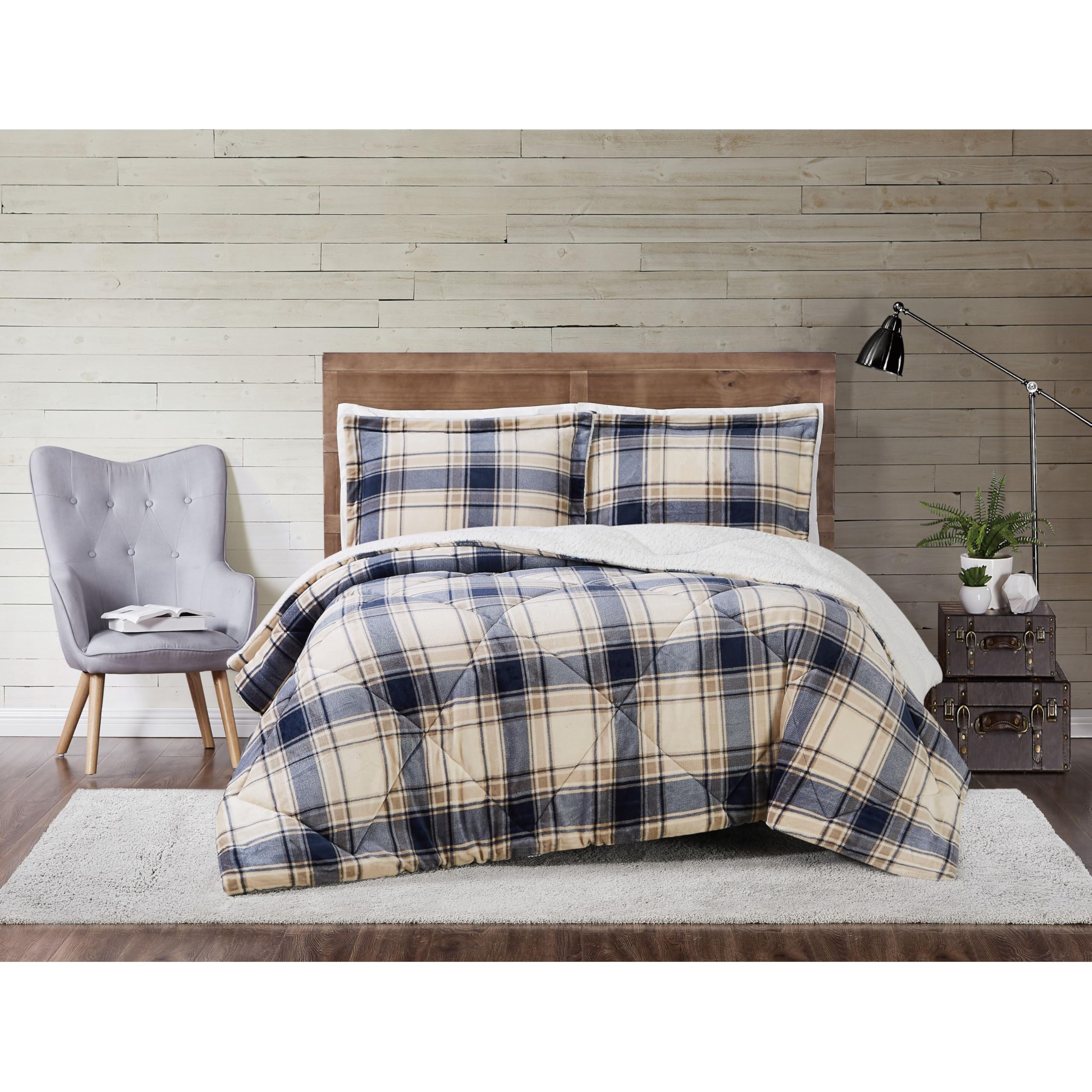 TRULY SOFT Cuddle Warmth Printed Plaid Twin XL Comforter Set in Blue and Cream