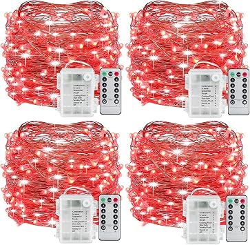Mikasol Fairy String Lights, 4 Packs Led Fairy Lights Battery Operated Waterproof Copper Wire with Remote Control Fairy Lights for Bedroom. Firefly Lights Christmas Lights 8 Modes 16.4 ft/Red