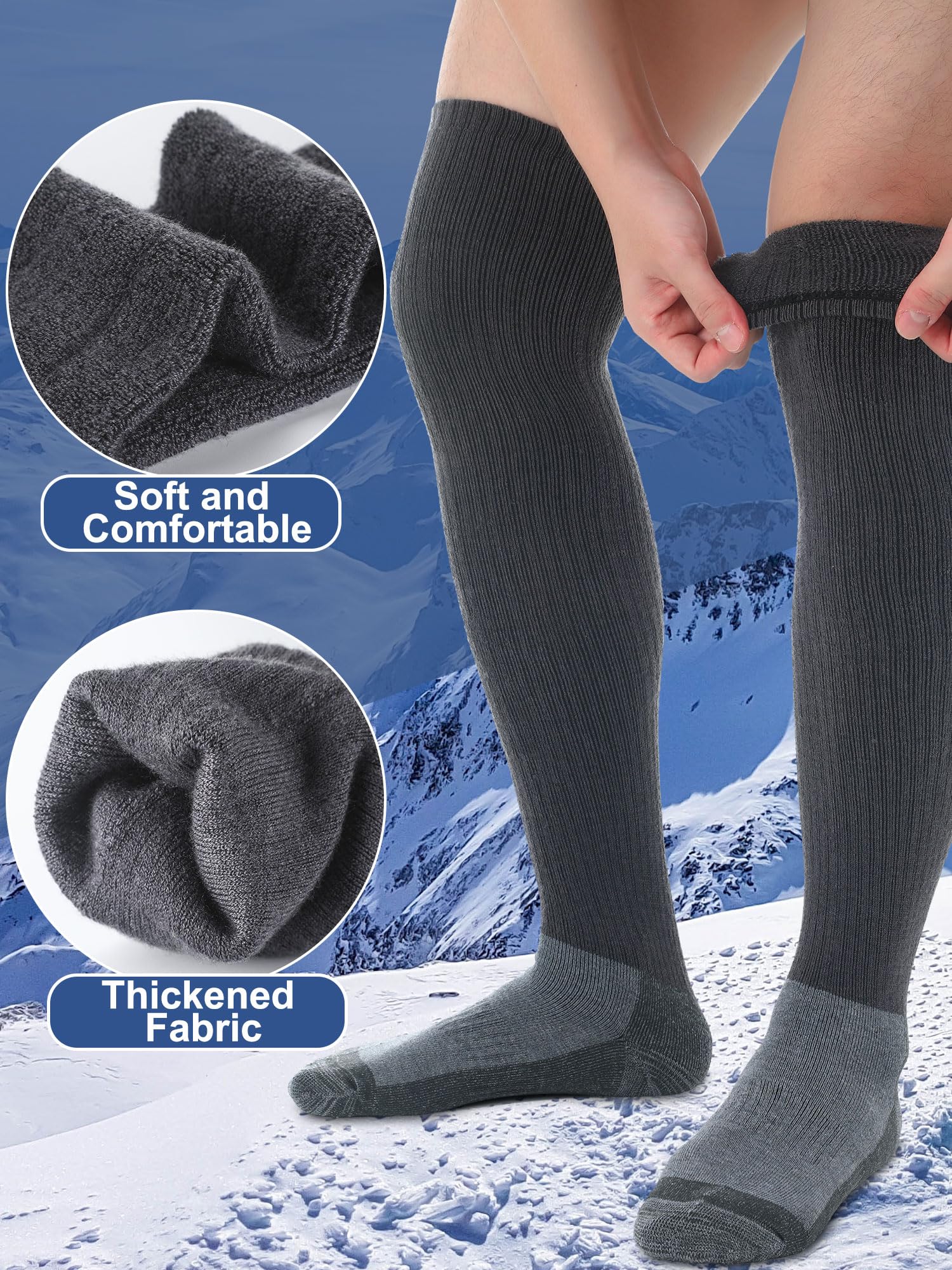 2 pares de calcetines térmicos de mezcla de lana merino para hombre, por encima de la rodilla, calcetines altos para botas altas para hombre, Gris, talla única