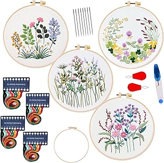Maydear4 Sets Embroidery kit,Embroidery Kit for Beginners Adults Punch Needle Kit Cross Stitch Kits with Embroidery Hoop and Instructions,Hand Embroidery Starter Kit (Flower)