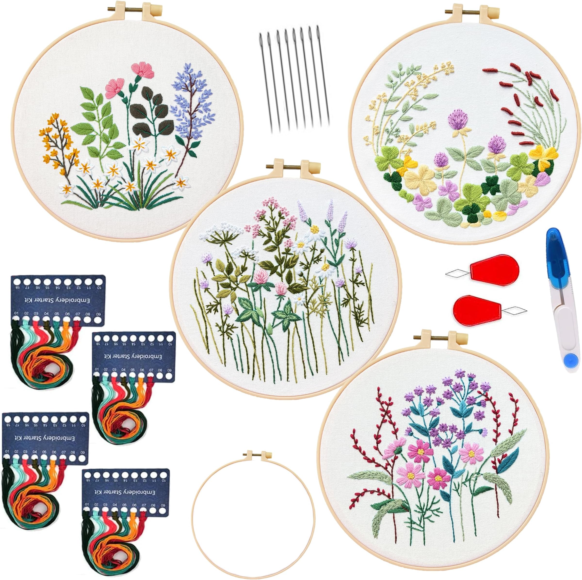 Maydear4 Sets Embroidery kit,Embroidery Kit for Beginners Adults Punch Needle Kit Cross Stitch Kits with Embroidery Hoop and Instructions,Hand Embroidery Starter Kit (Flower)