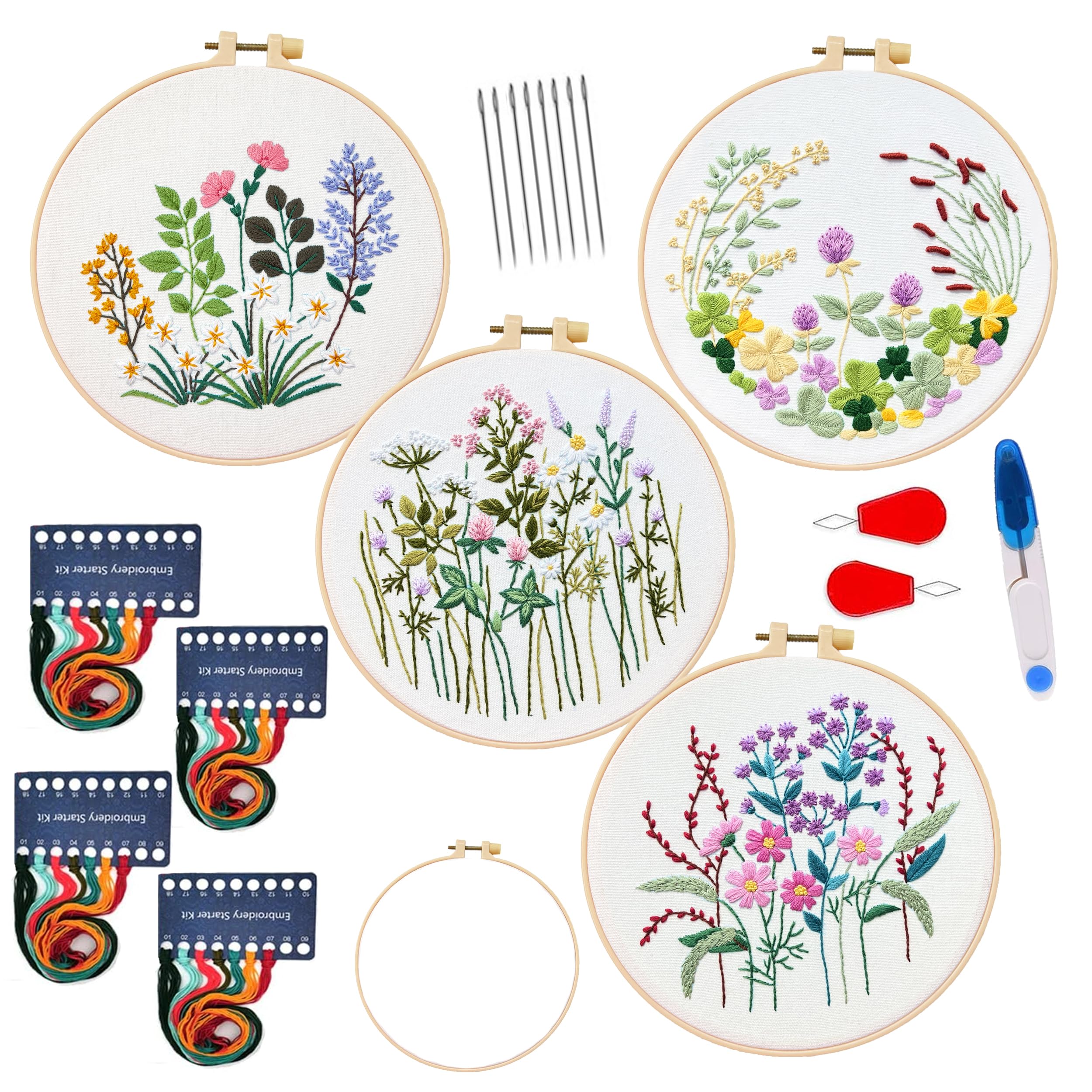 Maydear4 Sets Embroidery kit,Embroidery Kit for Beginners Adults Punch Needle Kit Cross Stitch Kits with Embroidery Hoop and Instructions,Hand Embroidery Starter Kit (Flower)