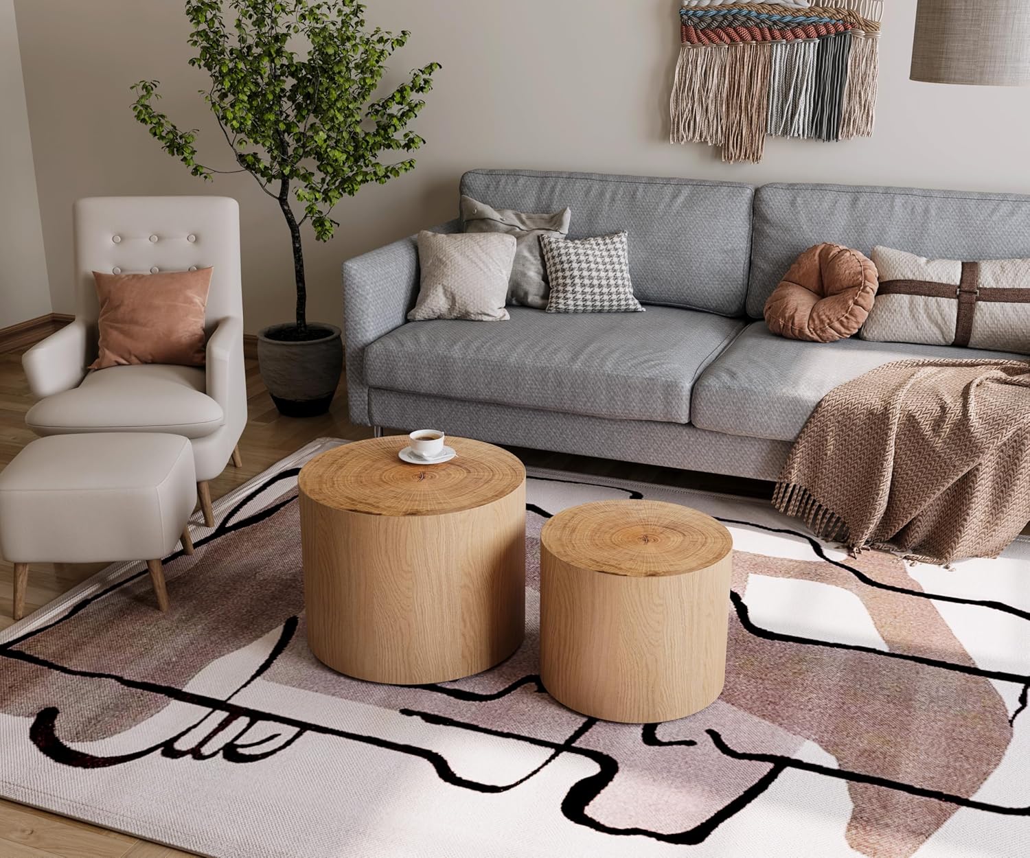 Nesting Coffee Table Set of 2, Modern Wooden Round Drum Side Circle Accent Tables for Small Spaces Living Room Bedroom Balcony Office, Natural Wood with Real Tree Ring 18.9" D and 15" D