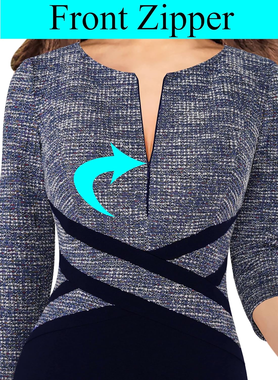 VFSHOW Womens Work Business Casual 3/4 Sleeve Slimming Fitted Front Zipper Crisscross Waist Office Party Pencil Sheath Dress - Image 4