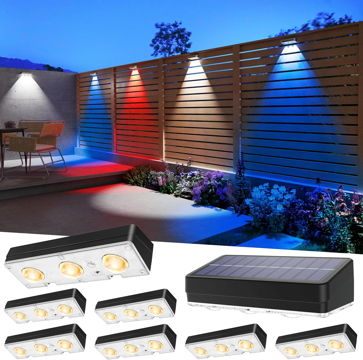 JOFIOS Solar Fence Lights Outdoor Waterproof Led, 12Pack,1300mAh,6 Inch Solar Lights for Fence with Warm White & RGB 8 Colors,Outdoor Solar Lights for Patio, Backyard, Deck, Railing (White)