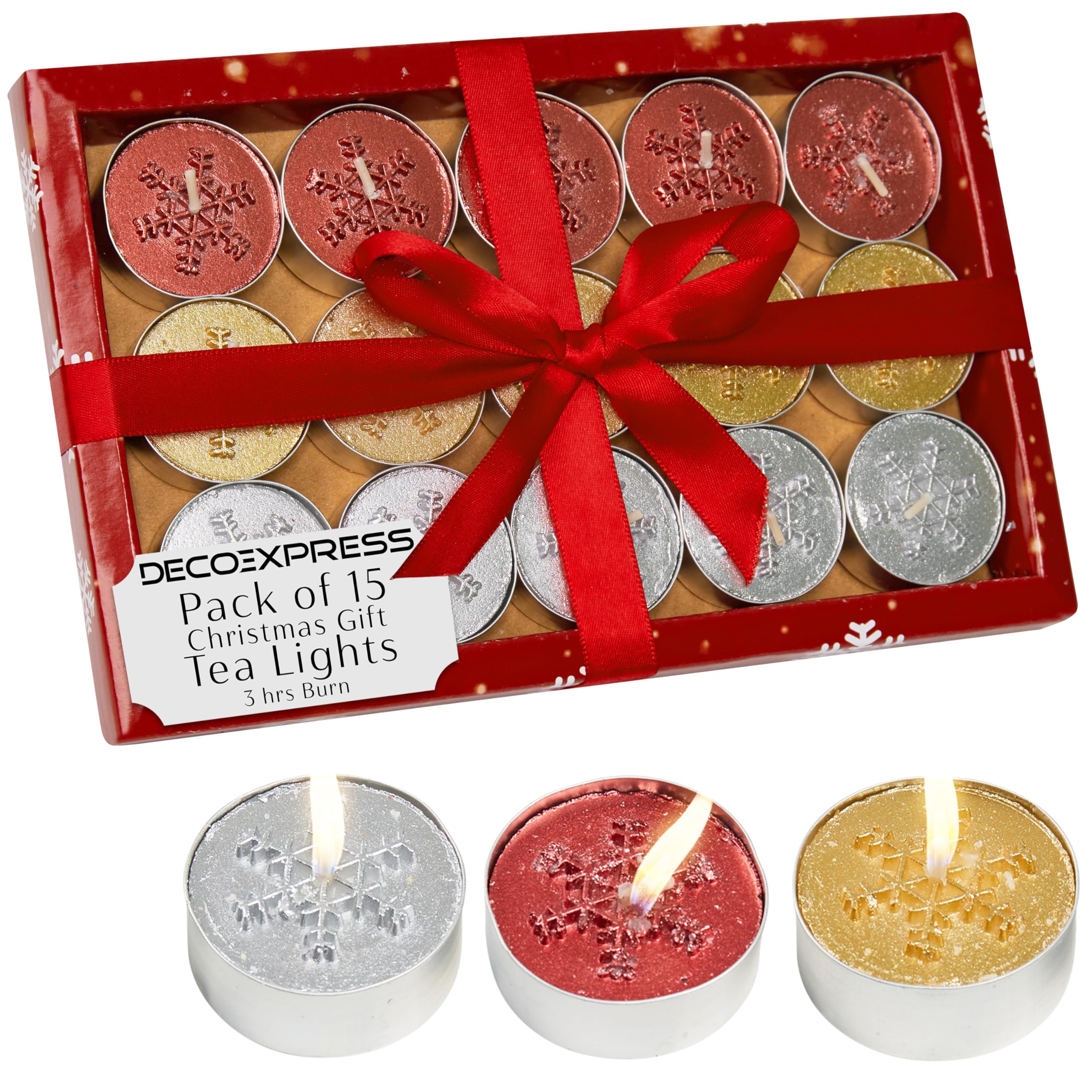 DECO EXPRESS Christmas Tealight Candle Set, Multipack of 6, 12 or 15 with 2.5, 3 or 6 Hours Burning Time Festive Xmas Decor Unscented (Multi 15 Pack)