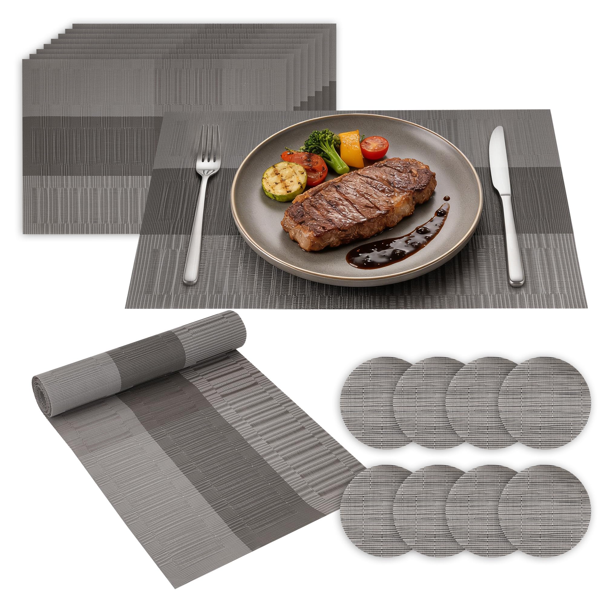 WeeGoo Placemats Set of 17, Grey with Black Stripe
