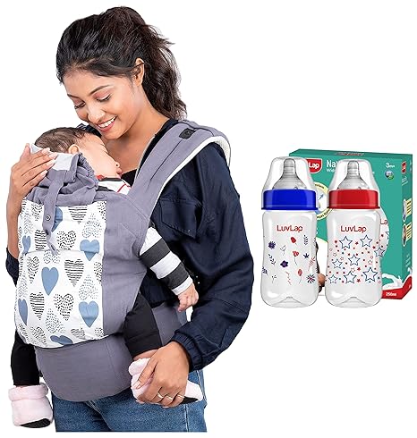 Luvlap Adore Baby Carrier with 3 Carry Positions, for 6 to 24 Months Baby, Max Weight Up to 18 Kgs (Grey) & LuvLap Anti-Colic Wide Neck Natura Flo Baby Feeding Bottle, 250ml (Pack of 2)