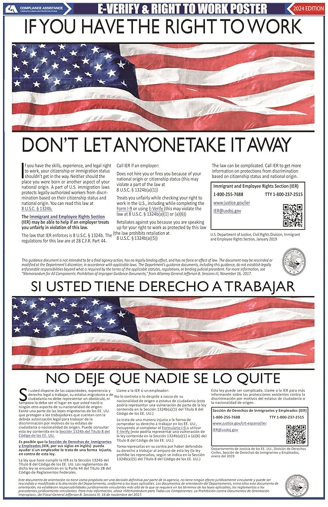 Amazon.com : COMPLIANCE ASSISTANCE: E-Verify Participation and Right to Work Bilingual Labor Law Poster Sign 11x17 : Office Products amazon-com-compliance-assistance-e-verify-participation-and-right-to-work-bilingual-labor-law-poster-sign-11x17-office-products