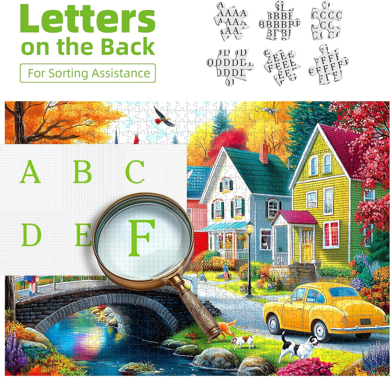 MINIWAN Cozy Autumn Small Town River Puzzles for Adults 1000 Pieces, Colorful Fall Village Houses Bridge Dog Jigsaw Puzzle, Gift for Landscape & Countryside Lovers 27.5x19.7 Inch