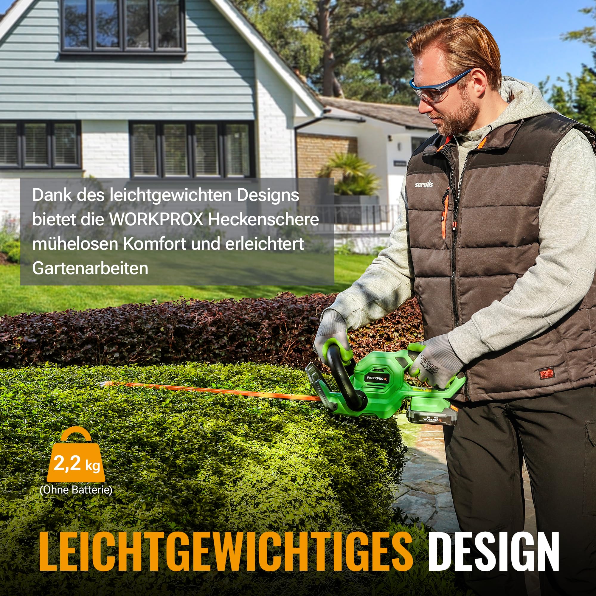 WORKPROX Heckenschere Akku 20V mit 2,0Ah Batteie & Typ-C Ladekabel, Elektrischer Heckentrimmer Schnittlänge 51cm, Schneidedurchmesser 18mm, Heckenschneider Ideal für Garten, Hecken & Sträucher